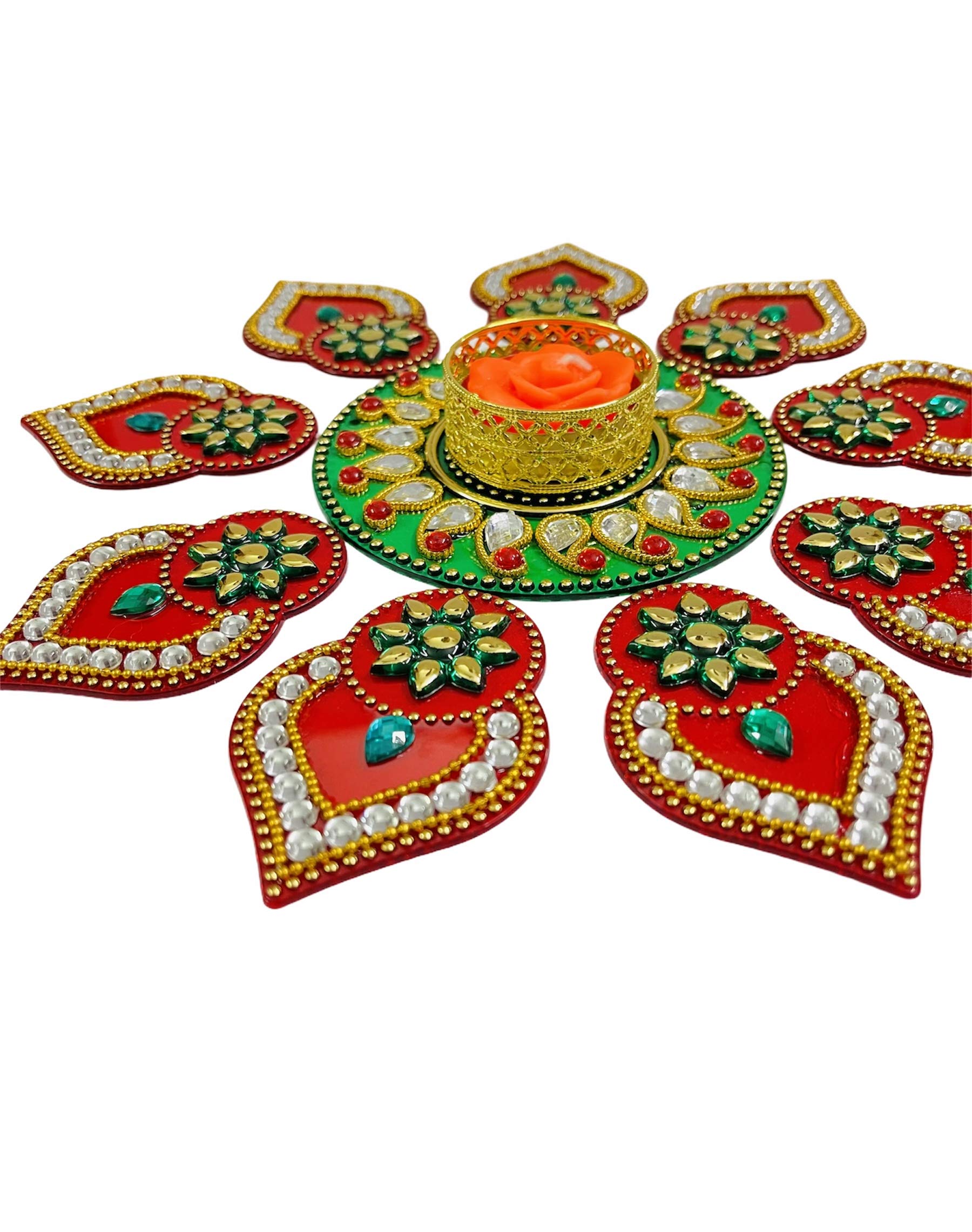 Moira Rangoli with Diya 11 pcs Set (Red & Green) 10-11 inch reusable