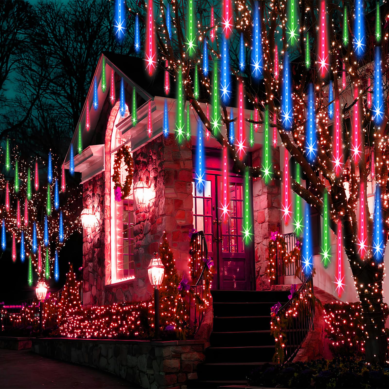 Adecorty Outdoor Christmas Icicle Lights, 12 Cascading Meteor Shower, 8 Tubes Multi-Color, Plastic, 26.9Ft For Holiday Decorations