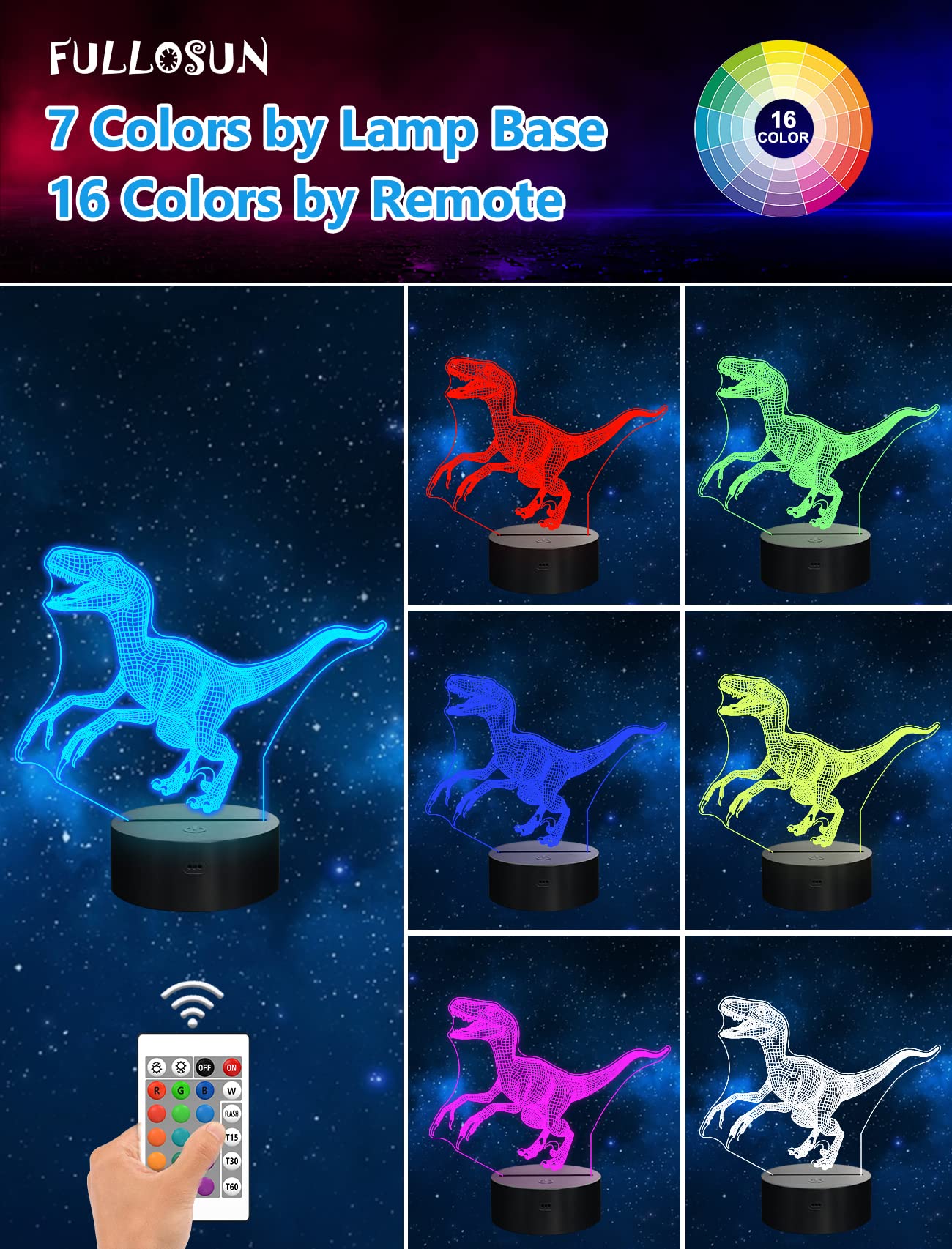 Fullosun 3D Dinosaur Night Light, Velociraptor Blue Lamp With Remote & 16 Color Options For Kids