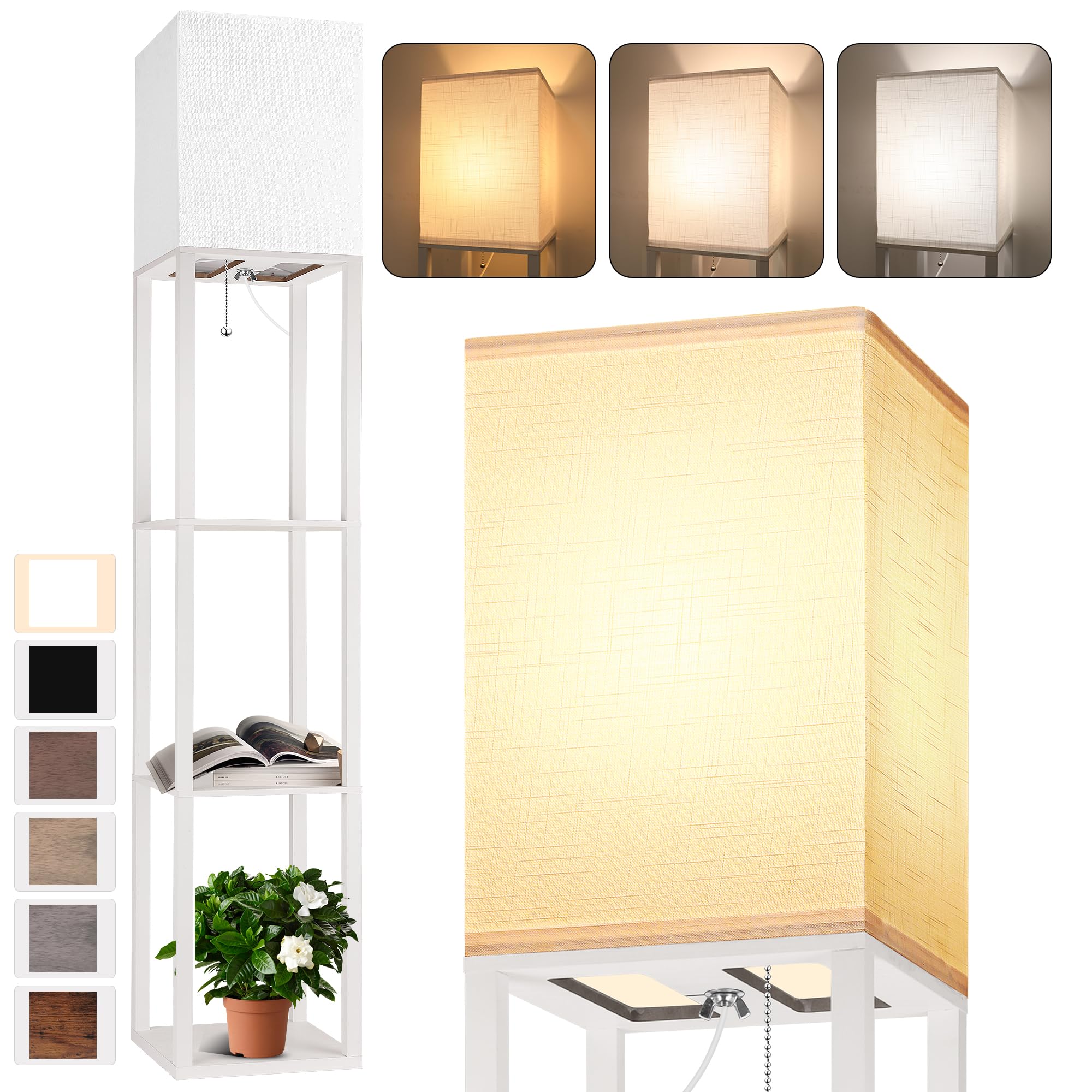 Floor Lamp with Shelves for Living Room White, Shelf Floor Lamp with 3 CCT LED Bulb, Corner Display Standing Column Lamp Etagere