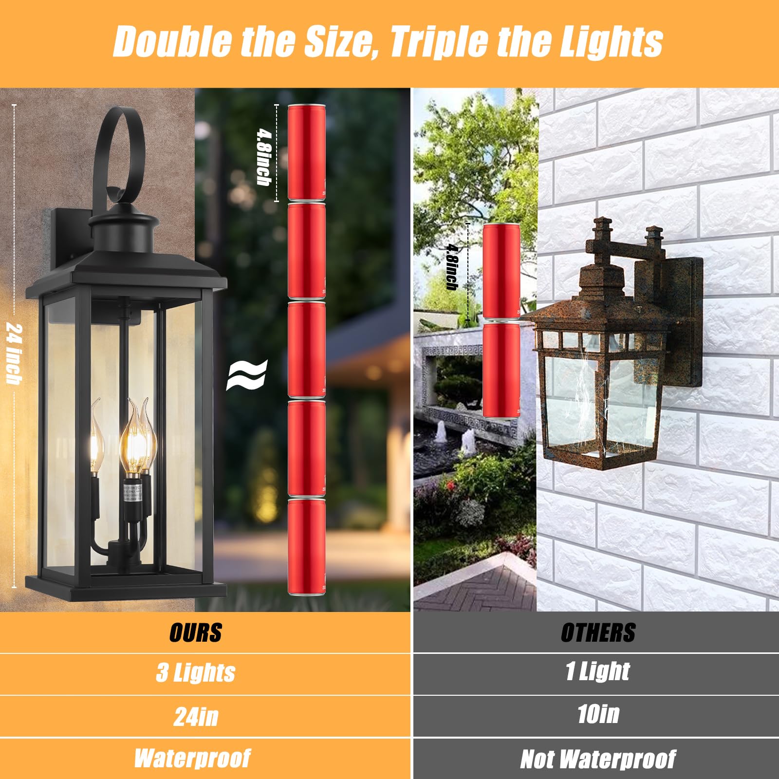 Siafavoi Large Outdoor Wall Light Fixture: 24In Black 3-Light Modern Porch Lantern  Waterproof Exterior Lighting Sconce Wall Mount  Outside Lamp For House Garage E12 Base