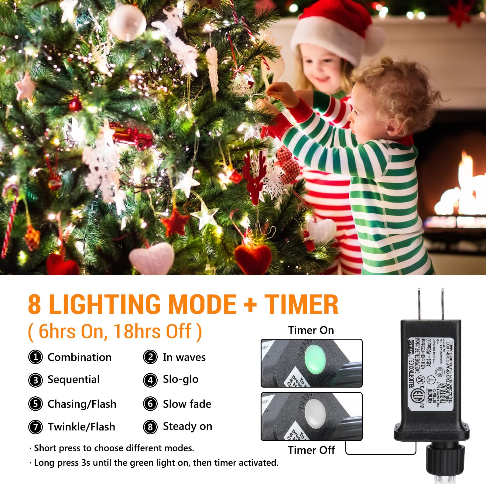 Toodour LED String Lights, 131ft 350 LEDs, Waterproof, 8 Modes, White, Model LED08230350