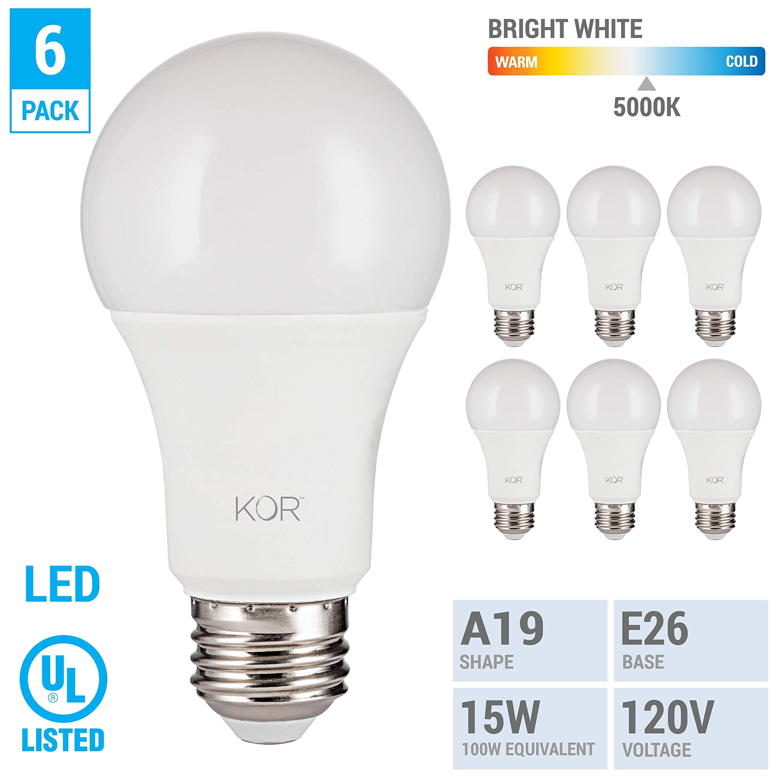 Kor 100W Equivalent Led Light Bulbs, 15W 1500 Lumens Daylight White 5000K Non-Dimmable, A19 E26 Standard Base, 10000 Hour Lifeti