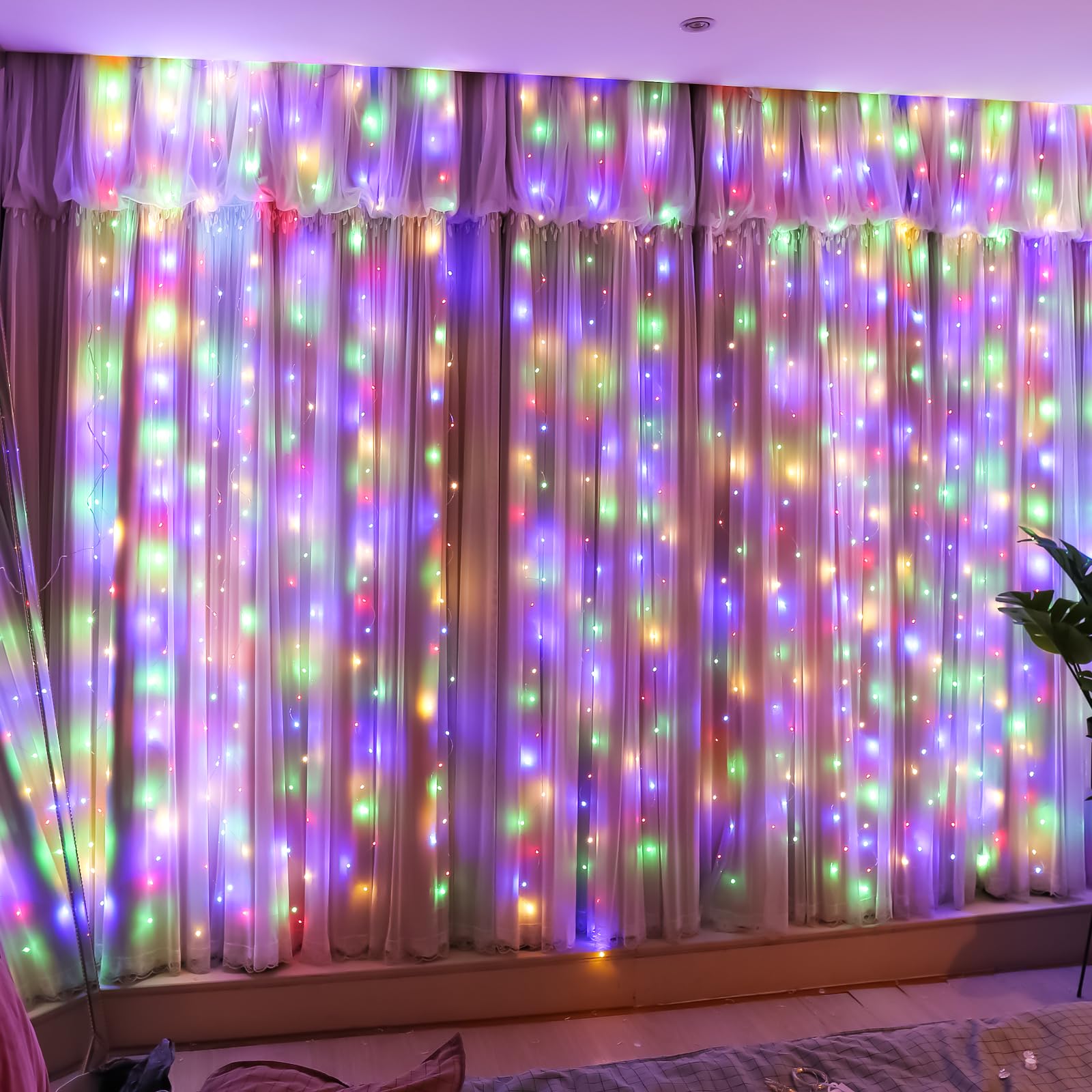 HXWEIYE 300LED Multicolor Fairy Curtain Lights with Remote, 8 Modes, Timer, 9.8x9.8Ft, USB Plug, Silver Copper Wire