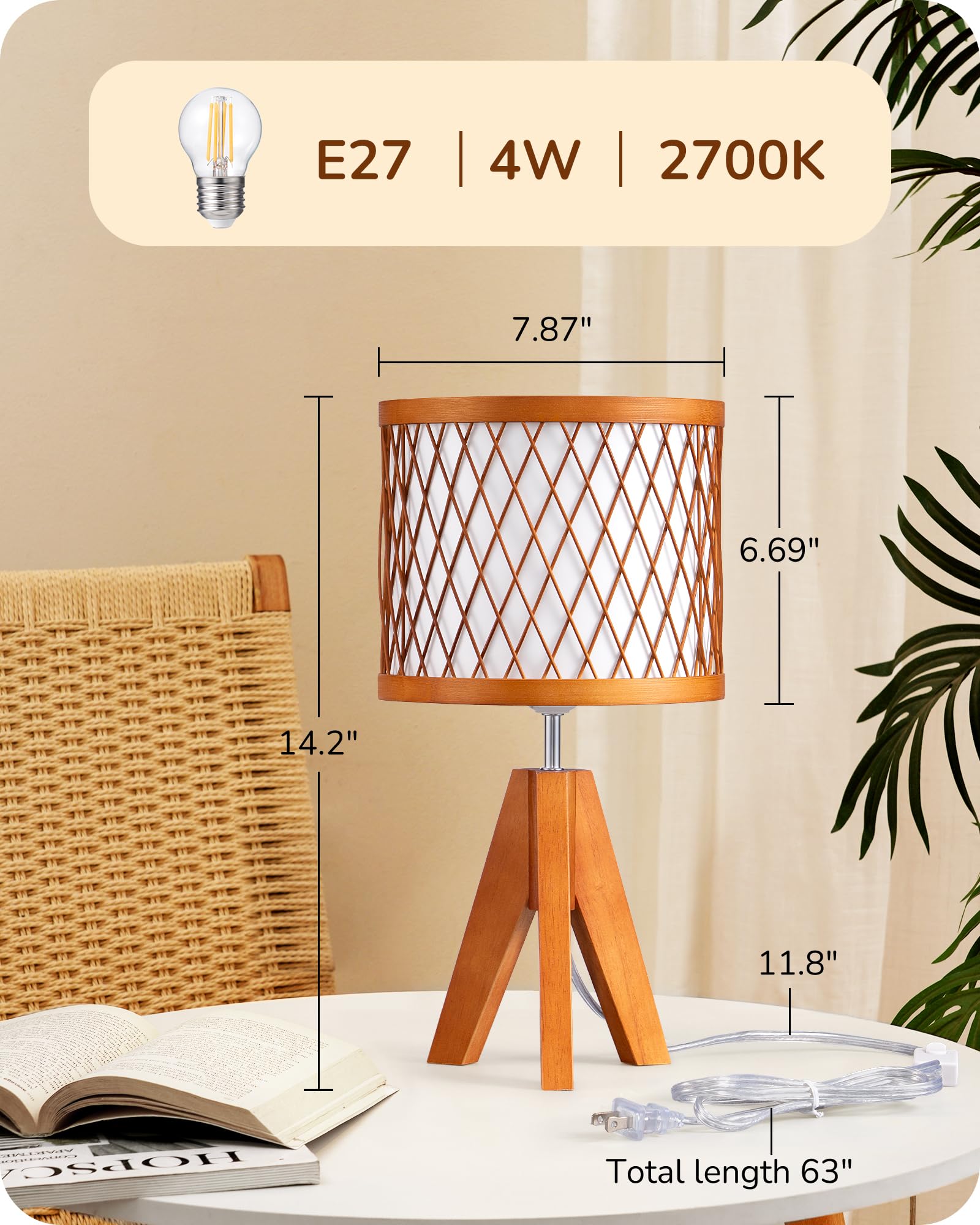 Edishine Small Table Lamp, 14.17'' Wood Tripod Bedside Lamp With Bamboo Lampshade & Pvc Shade, On-Off Switch & E26 Base, Boho Ni