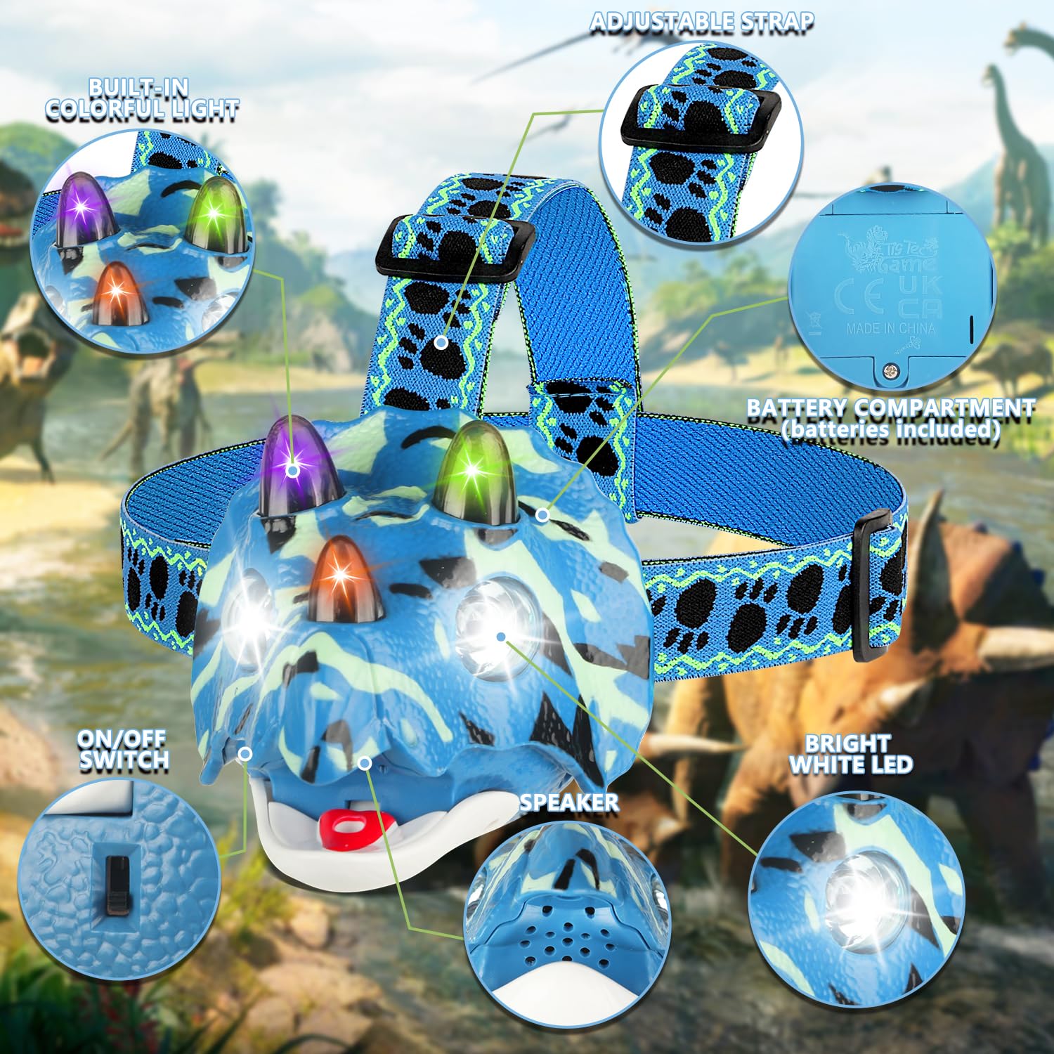 Tigtecgame Triceratops Led Headlamp - Camo Blue Camping Gear For Kids & Adults, Ideal Gift