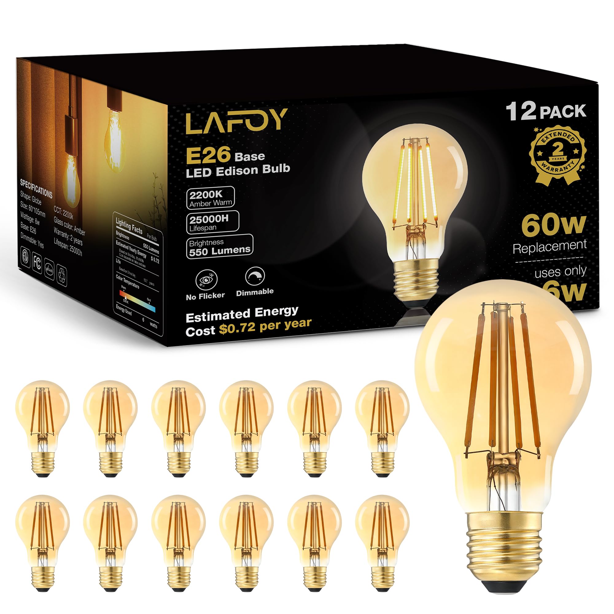 Lafoy A19 Amber 2200K Soft Warm E26 Light Bulbs  Dimmable Vintage LED Edison Bulbs 60 Watt Equivalent  550 Lumen Medium Base Lightbulbs  Antique Old-Fashioned Style 60W Replacement  120V 12 Pack