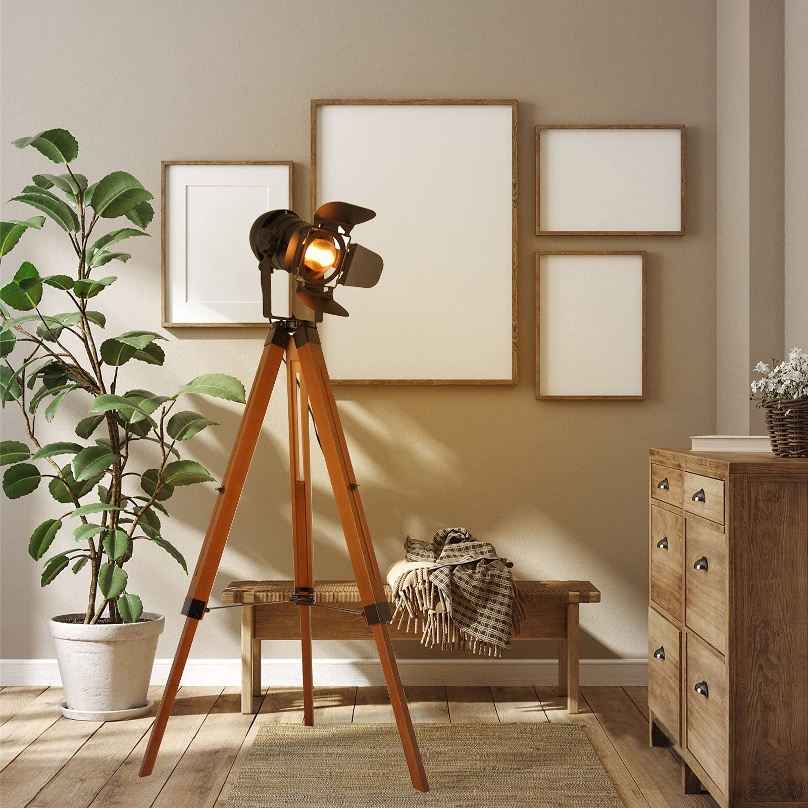 SUNLLOK Vintage Black Wood Tripod Floor Lamp - Industrial Nautical Design, Tall Adjustable Reading Light for Living Room & Office