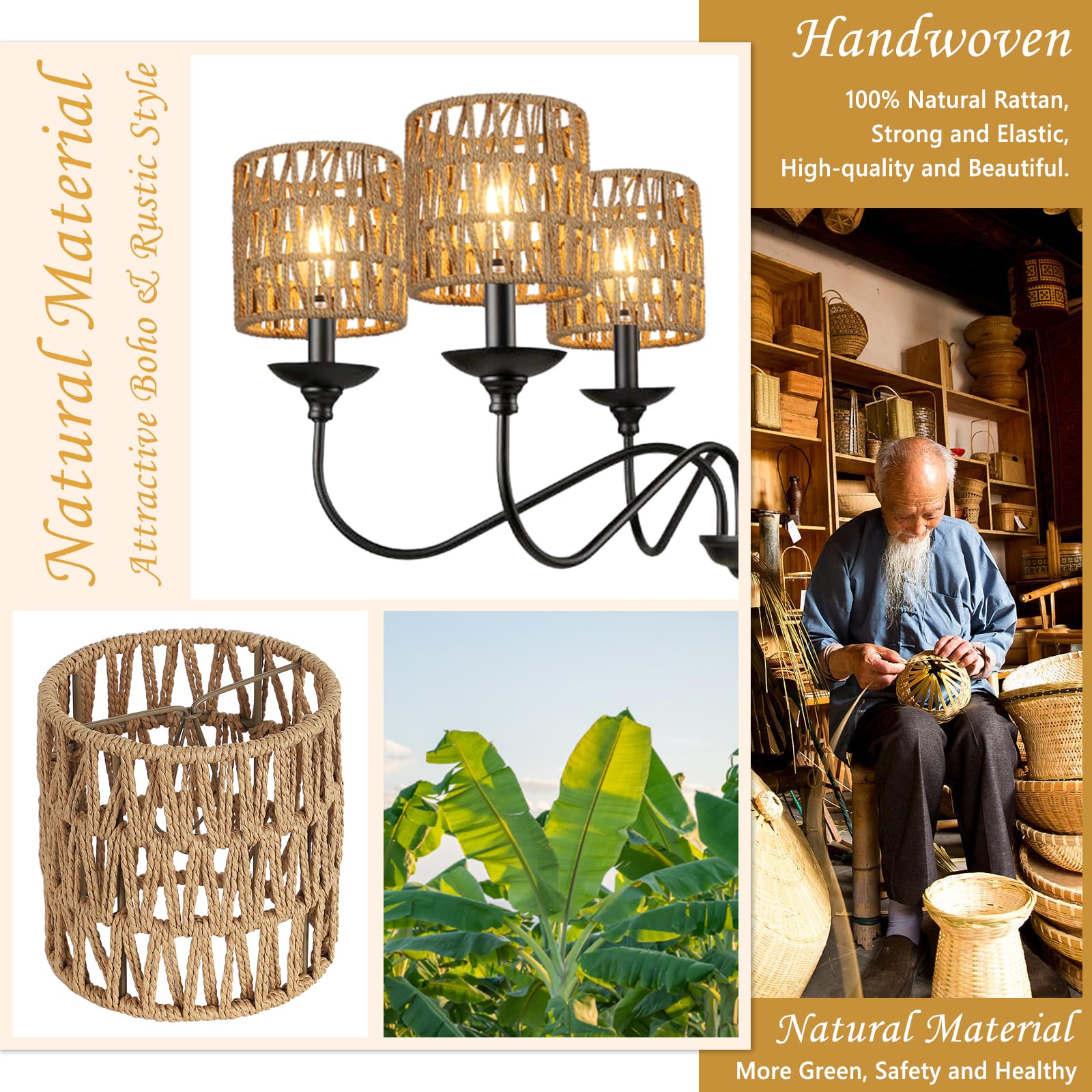 Stepeak Rattan Clip-On Lamp Shades Set of 6, 5.1x5.1in, Natural Brown Mini Cylinder Woven Replacement for Floor, Pendant, Wall Sconces