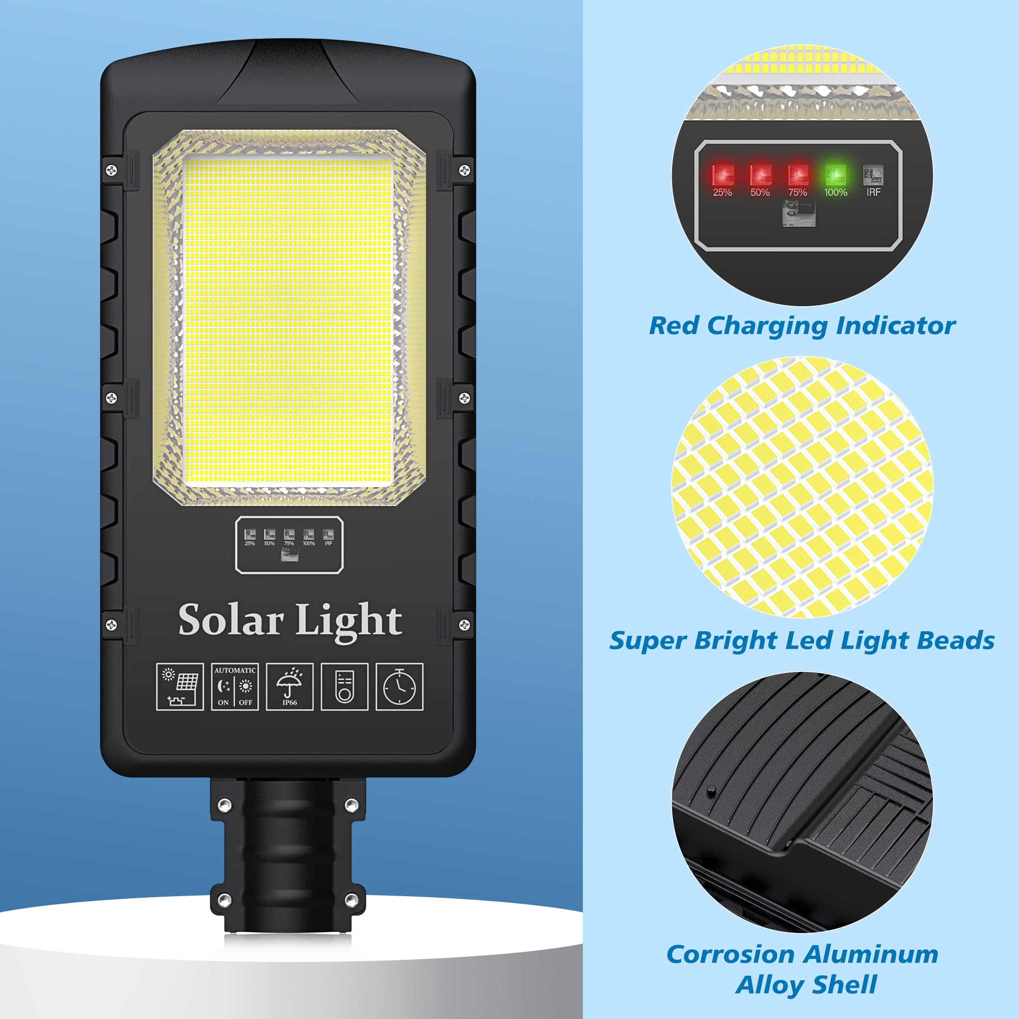 OKPRO Solar Street Light 20000W - 7000K Dusk to Dawn, IP66 Waterproof, Remote Control, Black, Model S-2000A