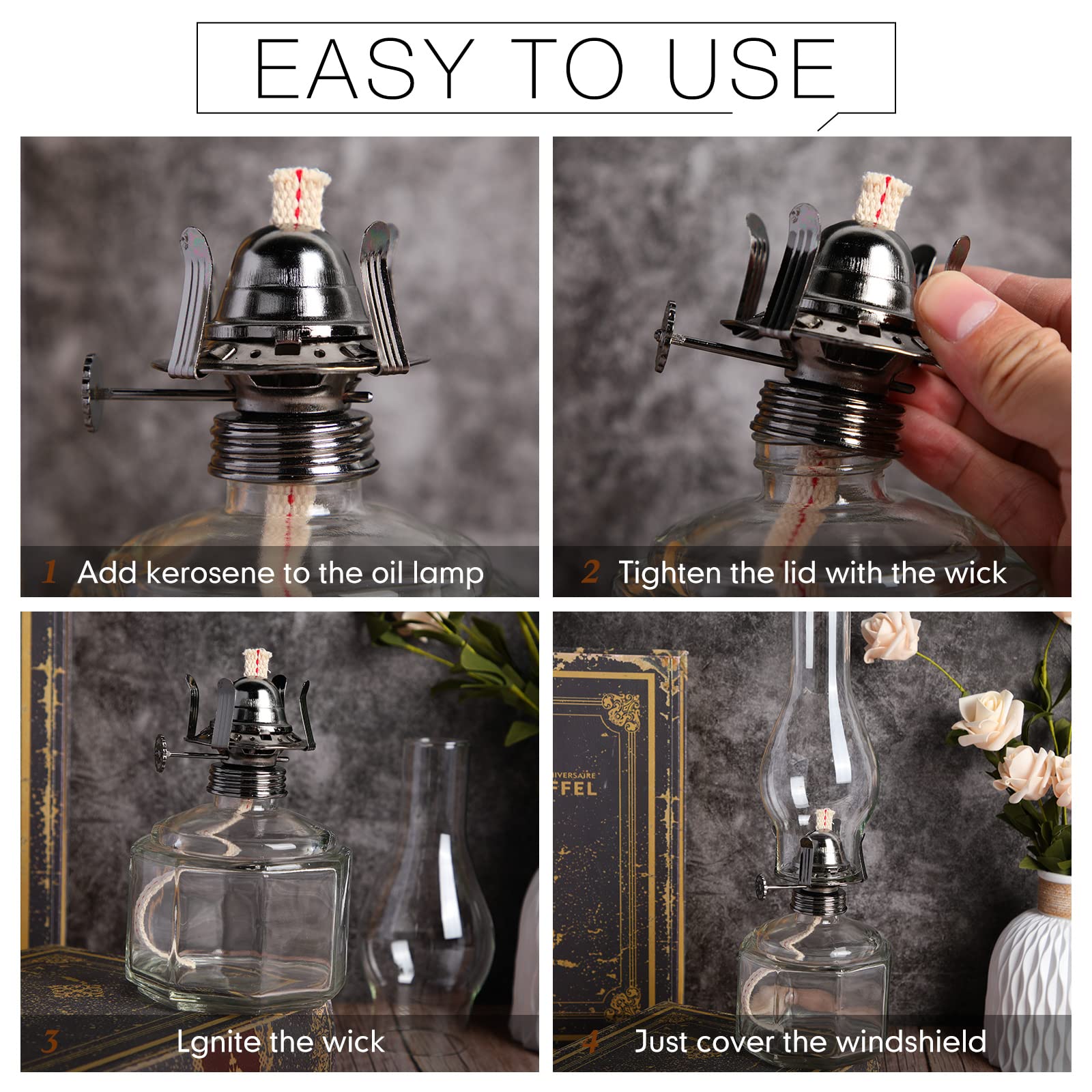 Tuanse 2 Pieces Chamber Oil Lamp Classic Kerosene Lamp Lantern Vintage Oil Lantern Decorative Hurricane Lamp With Adjustable Fire Wick For Home Indoor Use, 13 Inch Height(Clear, Black)