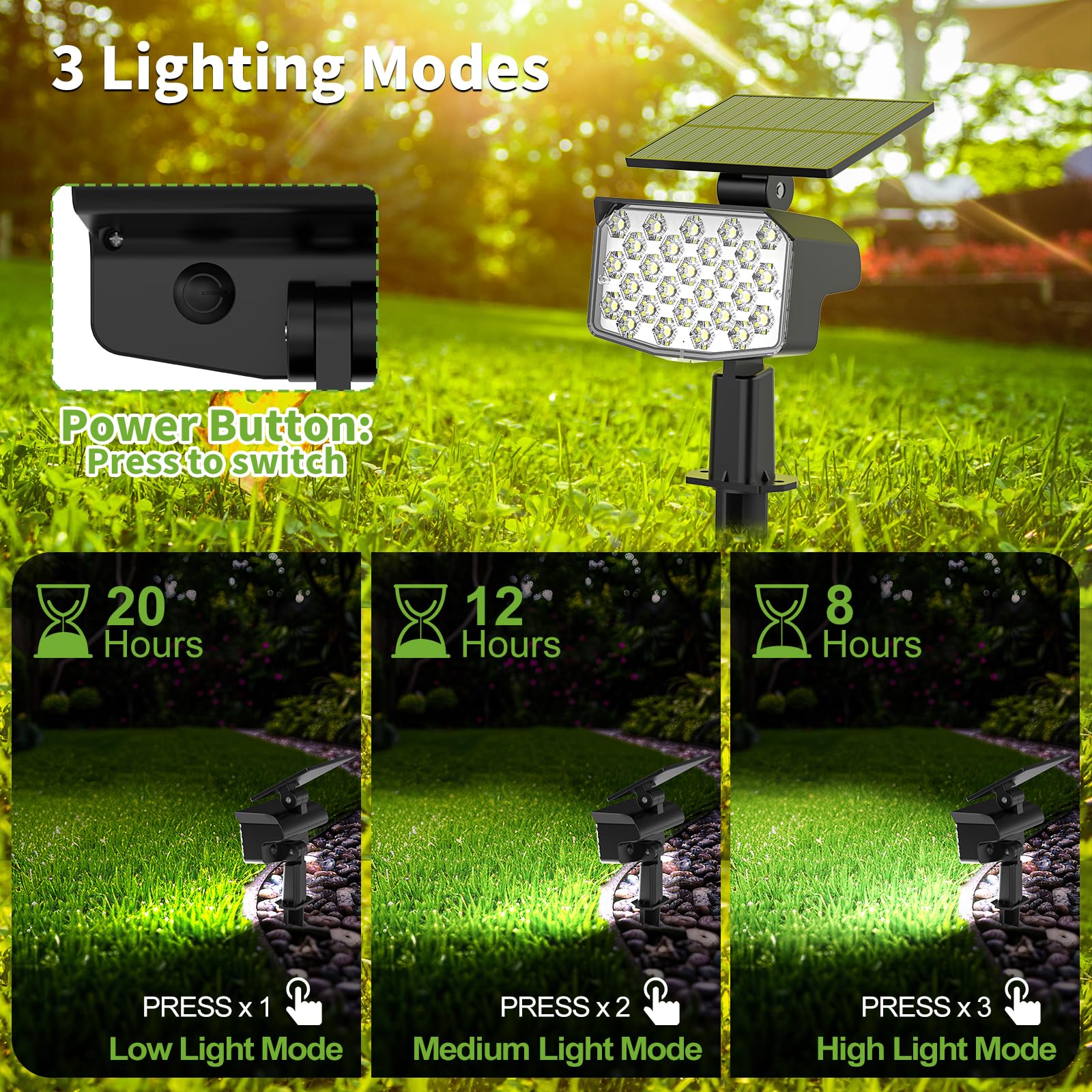 MinPea Solar Spot Lights Outdoor, 27 LED, Waterproof IP65, 3 Lighting Modes, 2 Pack, Cool White