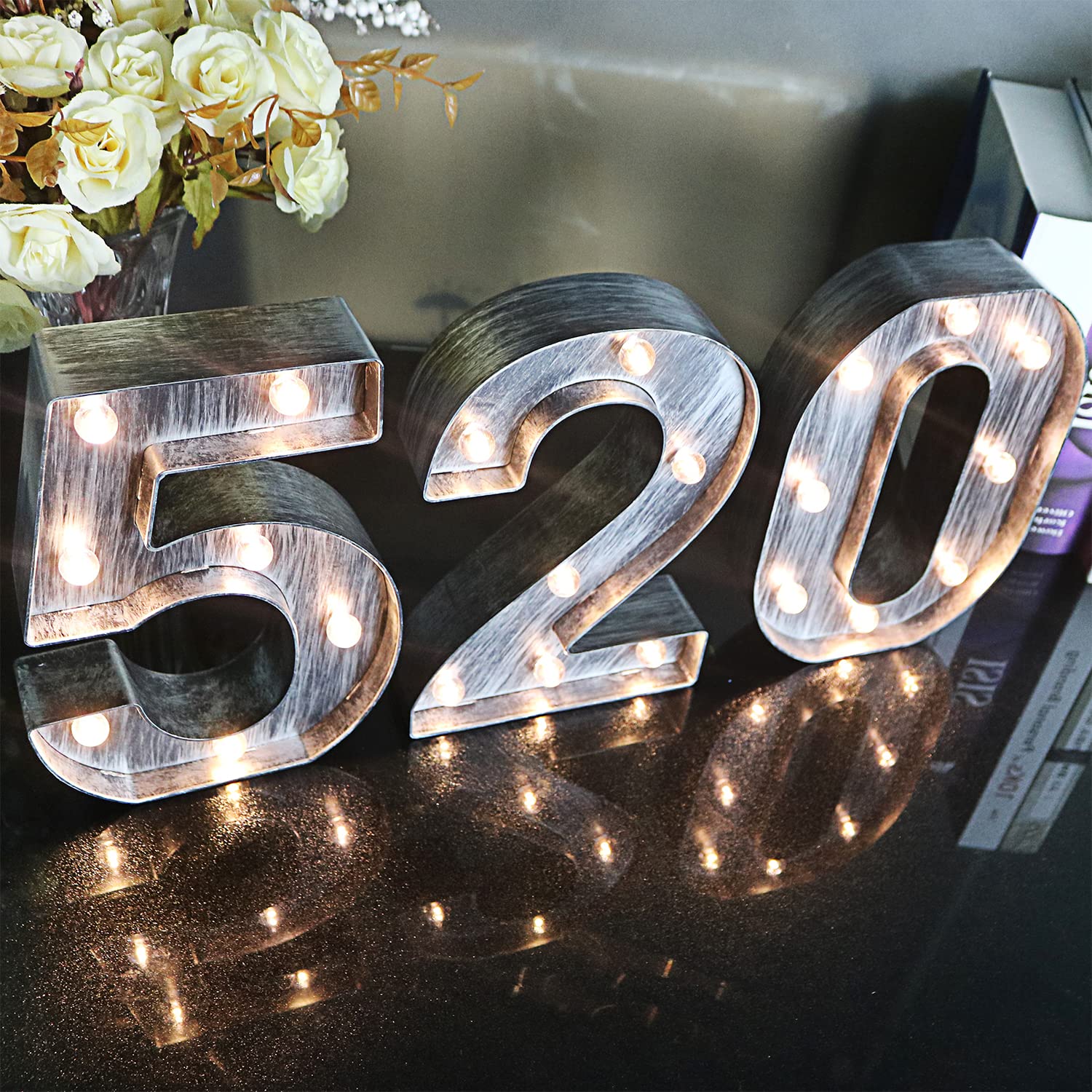 Brushed silver gray LED Number Lights Light Up Number Sign for Night Light Wedding/Birthday Party Battery Powered Christmas Lamp