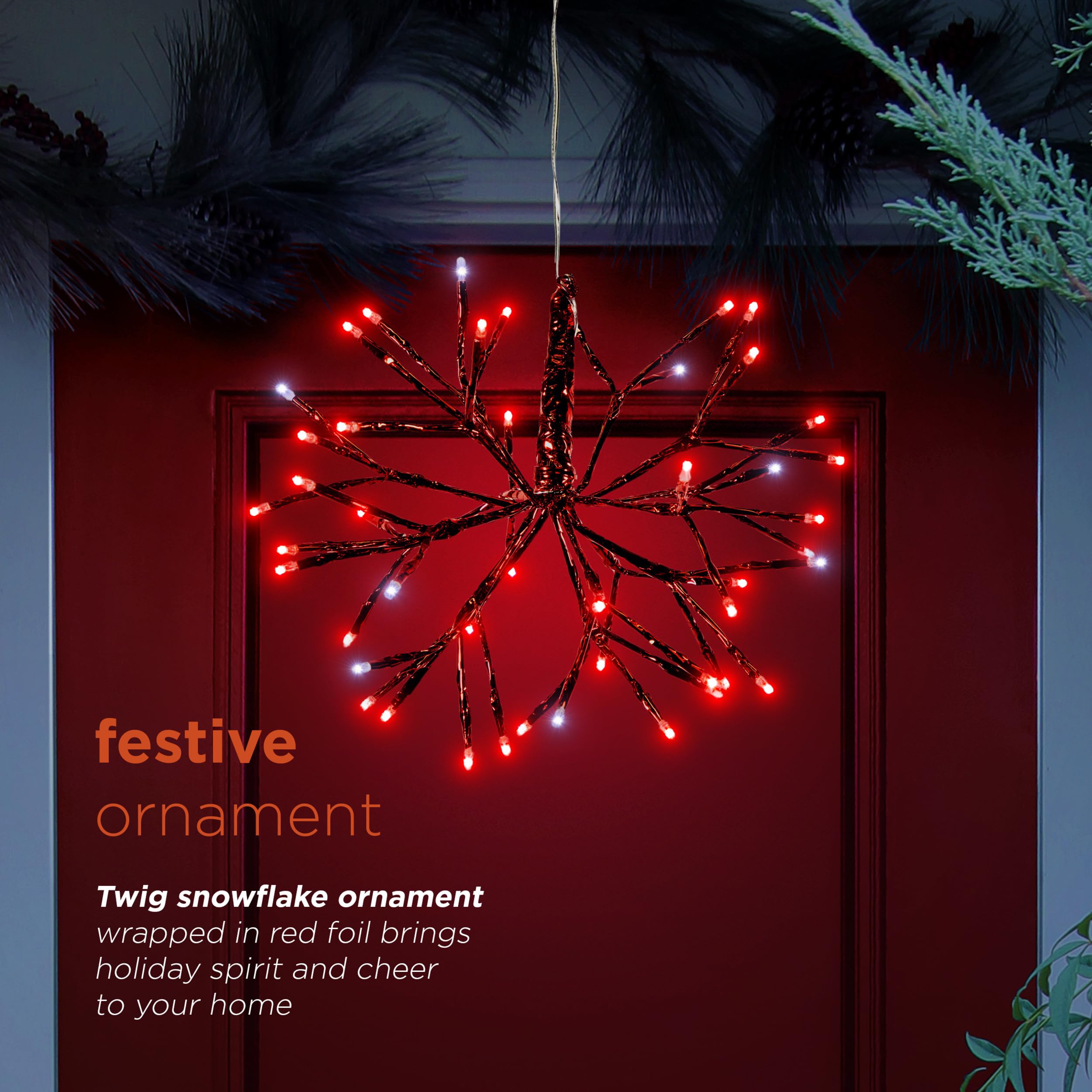 Alpine Corporation 10 H Indoor Christmas Twig 3D Hanging Snowflake Ornament with LED Lights, Red, Christmas Decoration