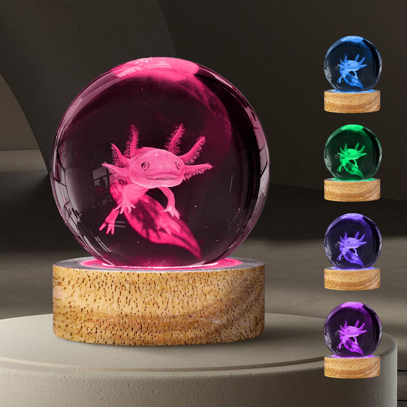 3D Axolotl Crystal Ball Night Light with 16 Color, Unique 60mm Axolotl Figurines Glass Ball Lamps with Remote Cool Axolotl Toy R