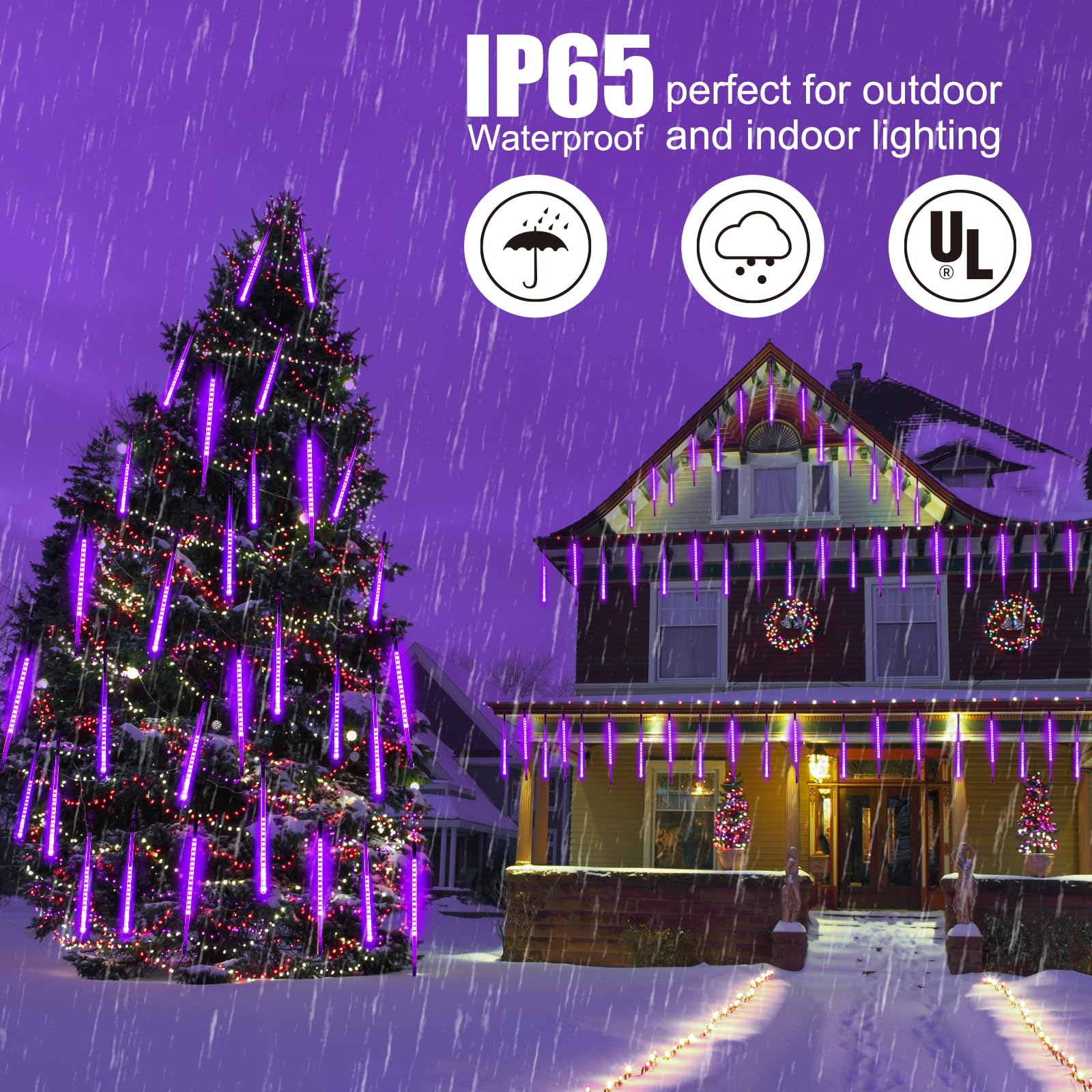 Purple Solar Christmas Lights, 16 Inches 8 Tube 288 Led Solar Meteor Shower Lights With 16 Tubes, Icicle Fairy String Lights For