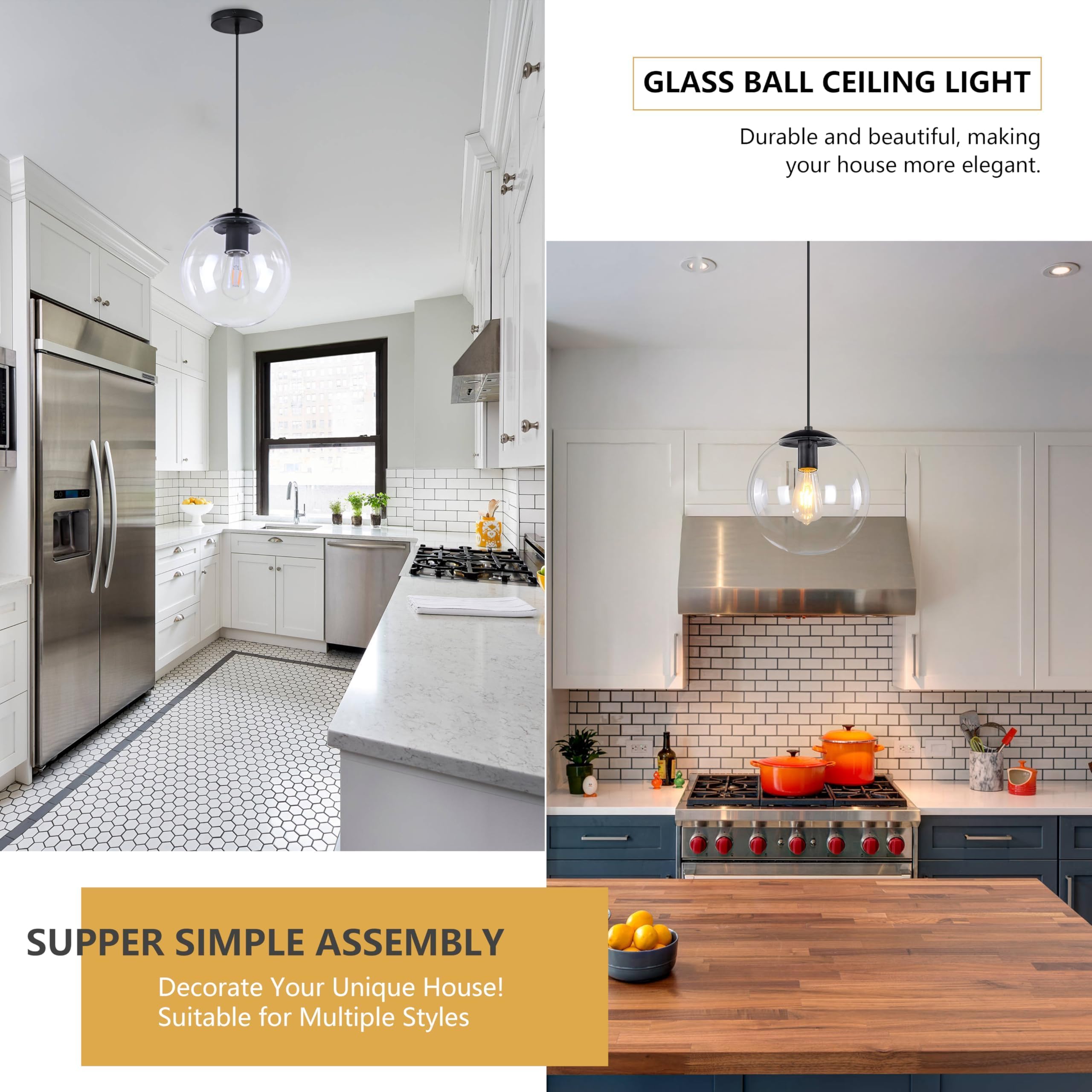 Koko&Yukina 10&quot; Black Globe Pendant Light, Adjustable Mid Century Fixture With Clear Glass Shade