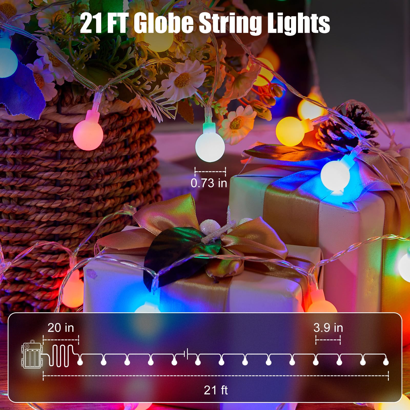 Led String Lights Battery Operated - 21 Feet 60 Led Fairy Lights, 8 Modes With Remote Mini Globe Lights For Indoor Outdoor Bedroom Party Wedding Garden Christmas Tree Decor, Multicolor
