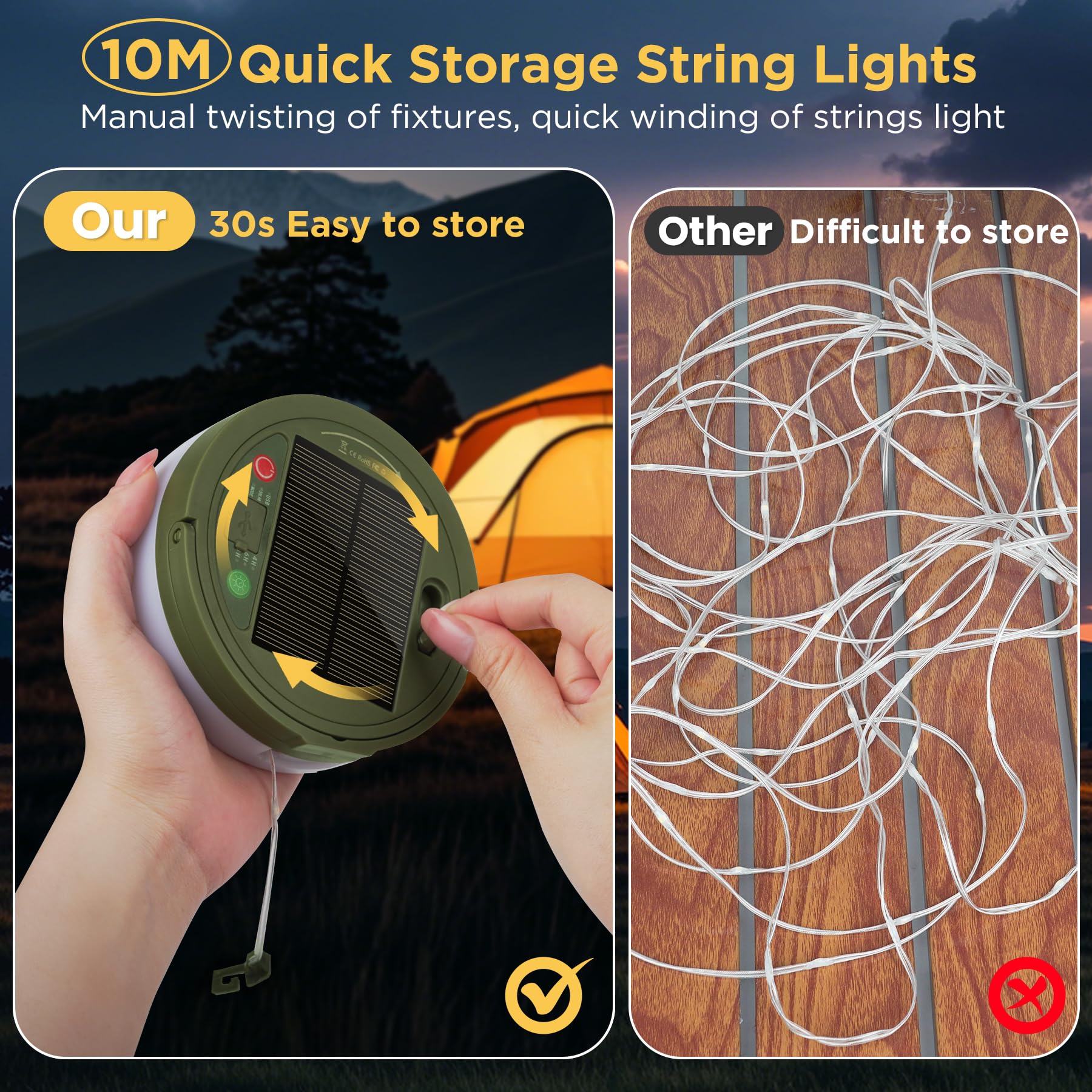 YUNJAYI Solar Camping String Lights, 33FT 3000mAh Retractable 4 in 1 Camp Lights with 8 Modes, Portable Rechargeable Camp Lamp,
