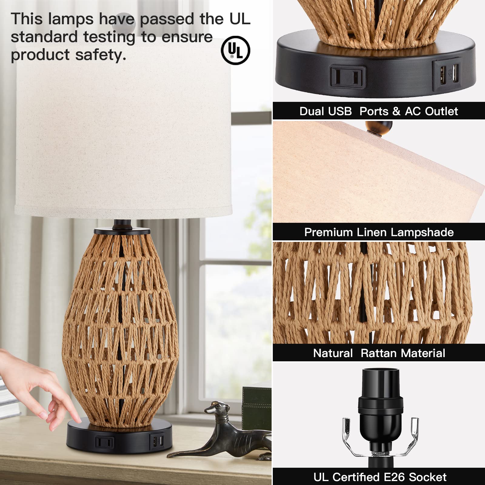 CINSARY Rattan Touch Control Table Lamp, 3-Way Dimmable, 2 USB Ports & AC Outlet, Model TD-002, Ideal for Bedroom & Living Room