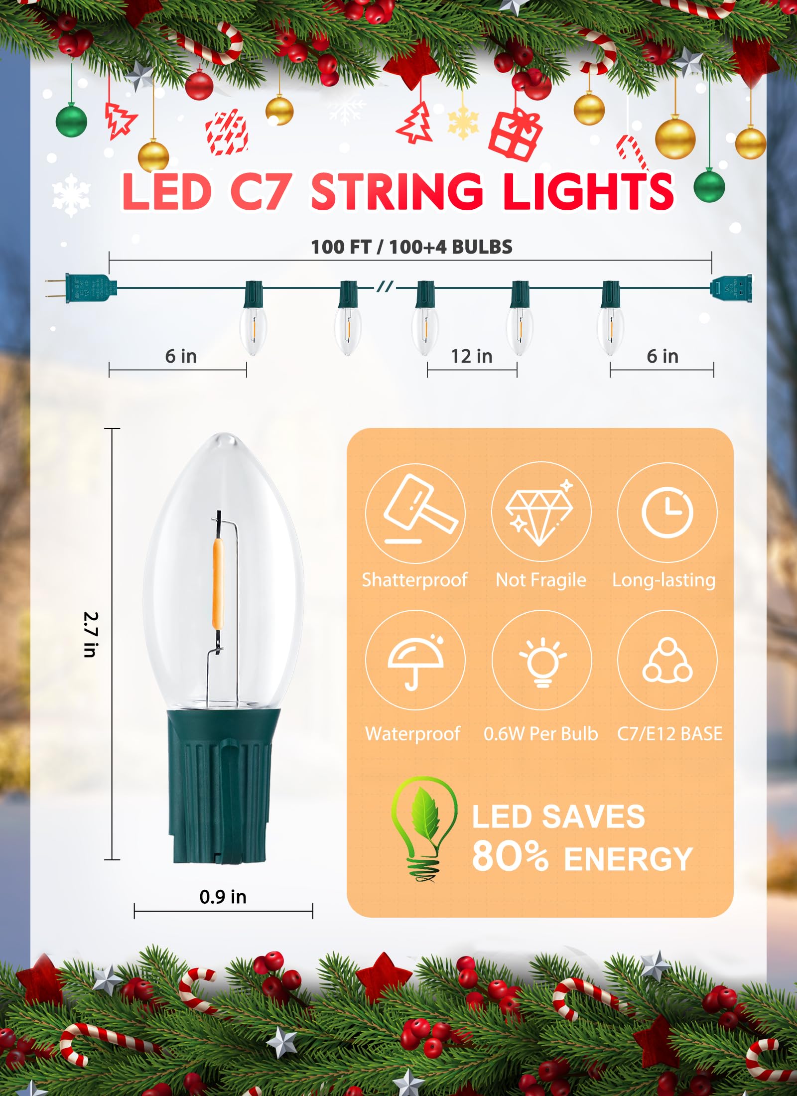LED Christmas String Lights, 100FT C7 Vintage Christmas Lights with 104 Bulbs(4 Spare), Commercial Connectable Christmas Tree Li