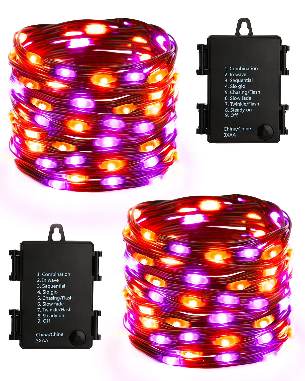 Brizled Halloween Lights, 50 LED, 17.38ft, Battery Operated, Timer, 8 Modes, Black Wire, Purple & Orange, Indoor Outdoor Decor
