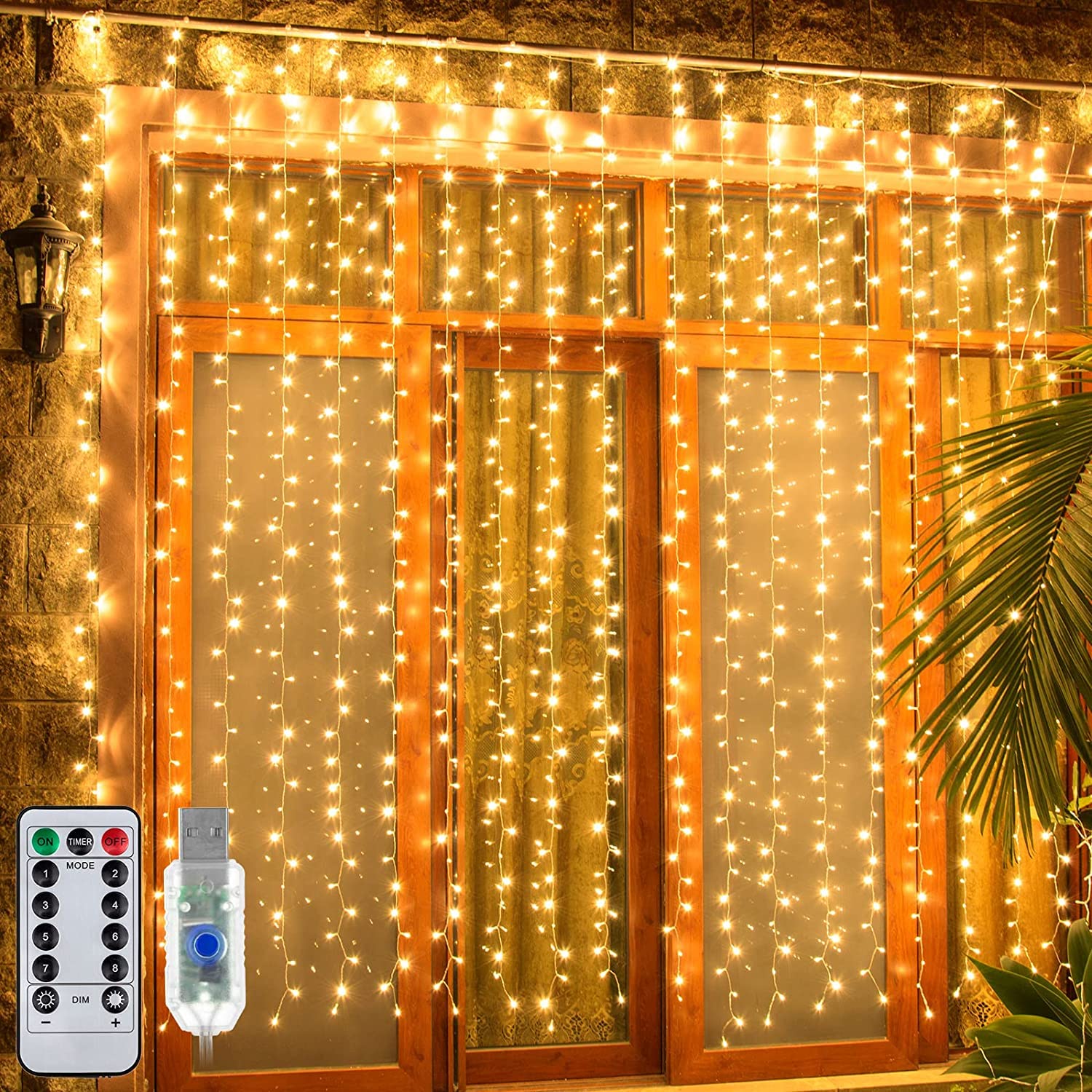 Ollny Curtain Lights 200LED Warm White USB String Lights 6.6x6.6ft Waterproof with Remote 8 Modes Timer