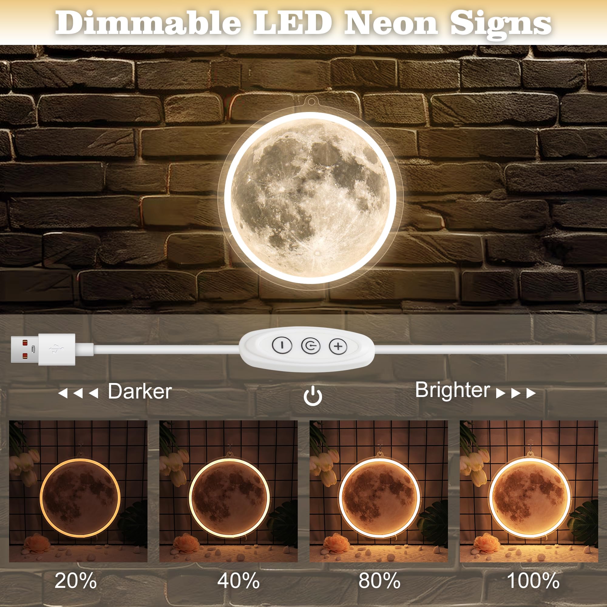 Anywin Moon Neon Sign, Dimmable LED Wall Decor, Acrylic, Model AW-NH016, Moon Light