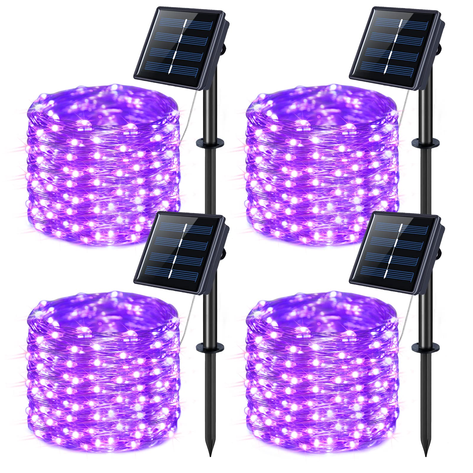 JMEXSUSS Solar Fairy Lights 100 LED 33ft Copper Wire Purple 4 Pack Waterproof 8 Modes for Halloween Christmas Garden Decor
