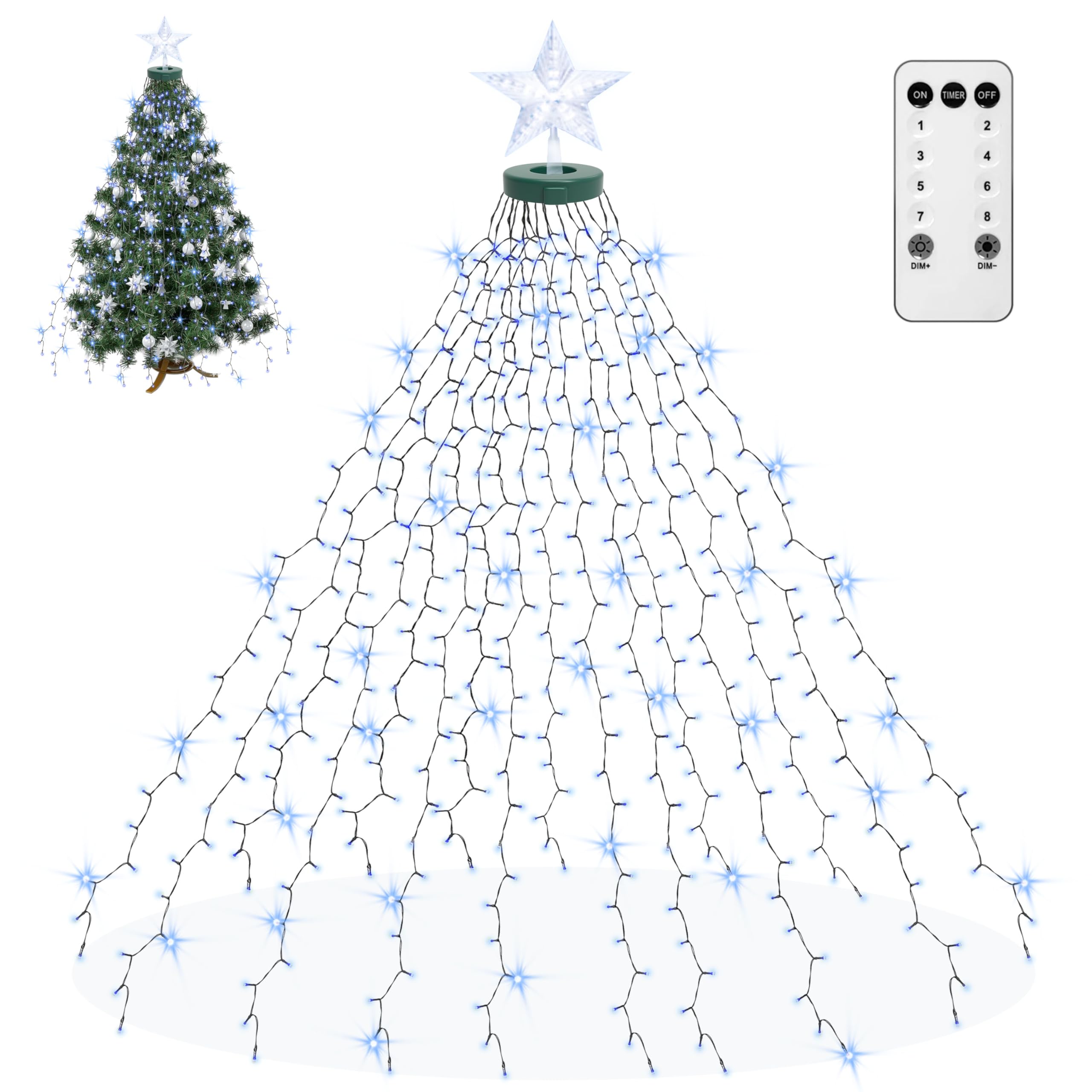 aneeway Christmas Tree Lights with Star Toppers, 410 LED, 8 Modes, 6.6FT x 16, Cold White, Model SW-LSL-02-410