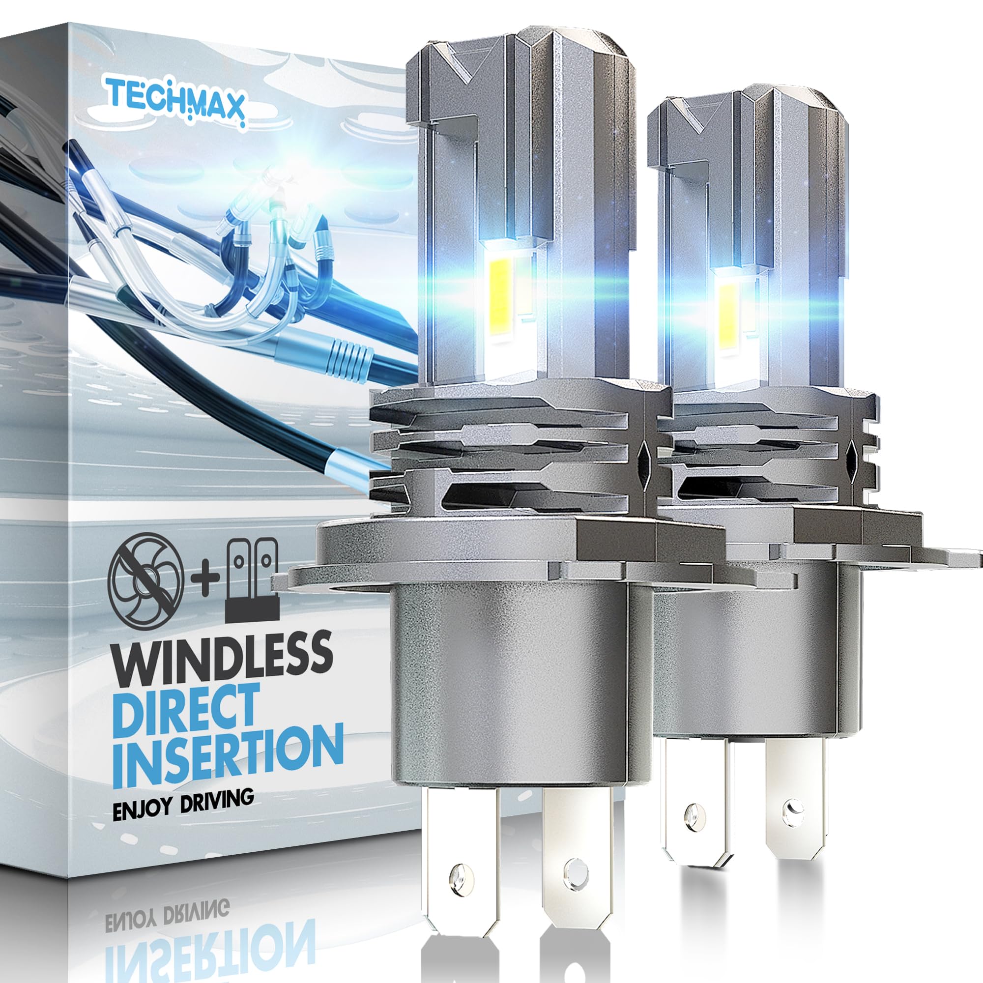 TECHMAX H4 Fog Bulbs 400% Brighter 6500K Fanless H4/9003 Gray Pack of 2