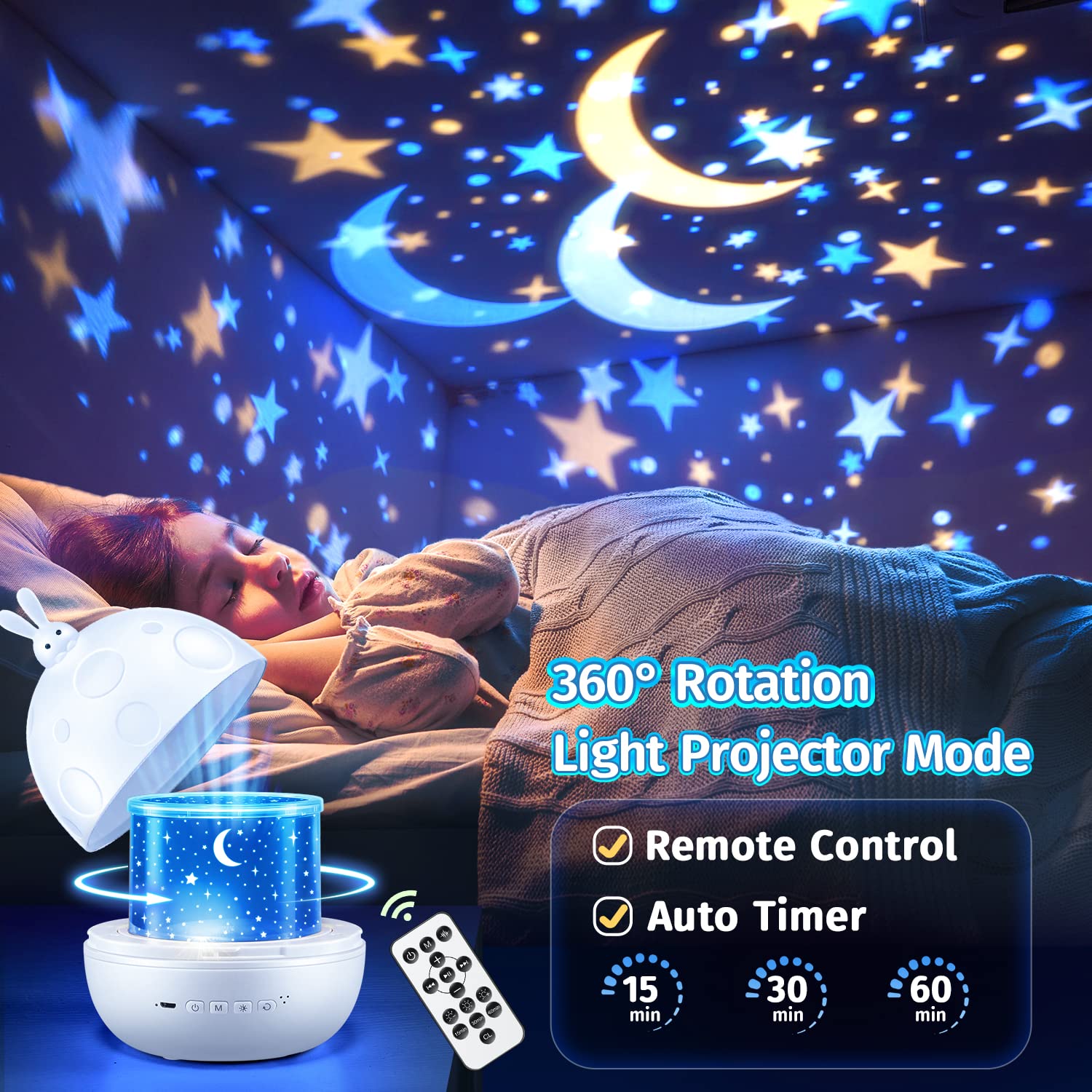 Onefire Night Light Projector For Kids - 15 Films, Bluetooth Music, Remote Dimmable, Rechargeable