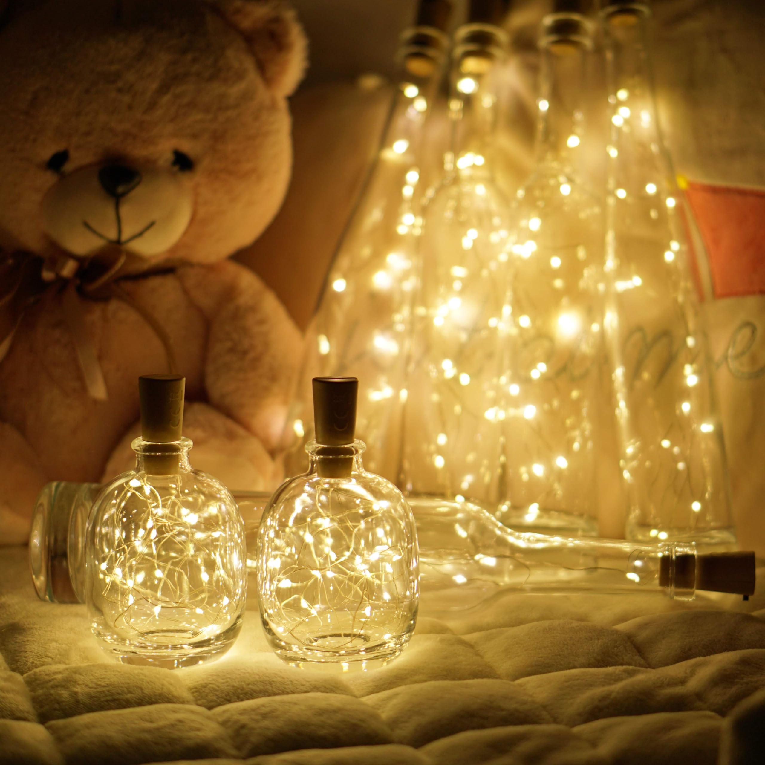 Domora Home Wine Bottle Lights 20 Leds Cork Lights Waterproof Battery (Included) Operated Fairy Mini String Lights For Diy Jar Indoor Bedroom Party Wedding Christmas Decor Pack Of 4(Warm White)