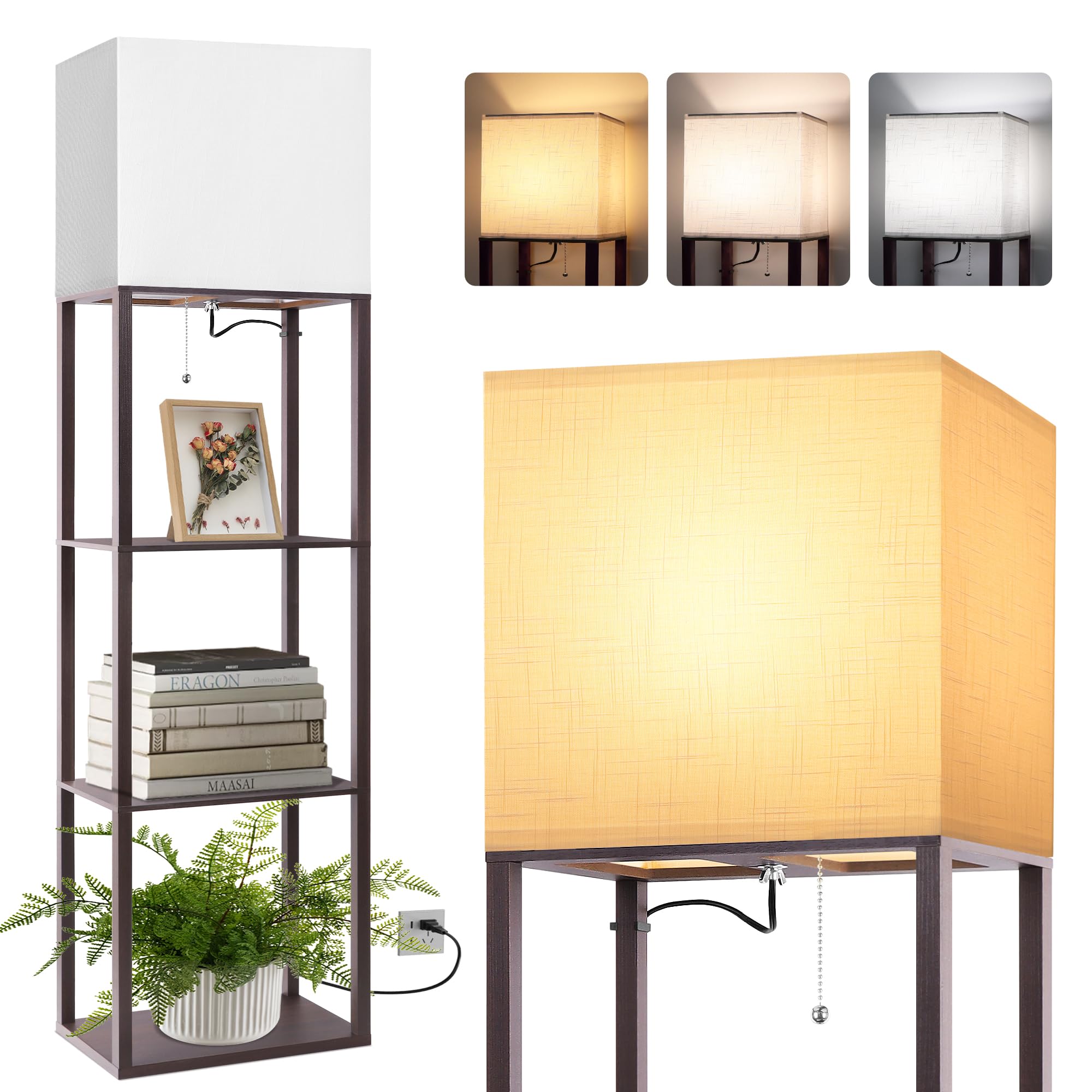 Dott Arts Floor Lamp with Shelves, 15.7in Wide, Wood, Walnut, Model WLM1600-FLA-15W-12, 3 Color LED Bulb