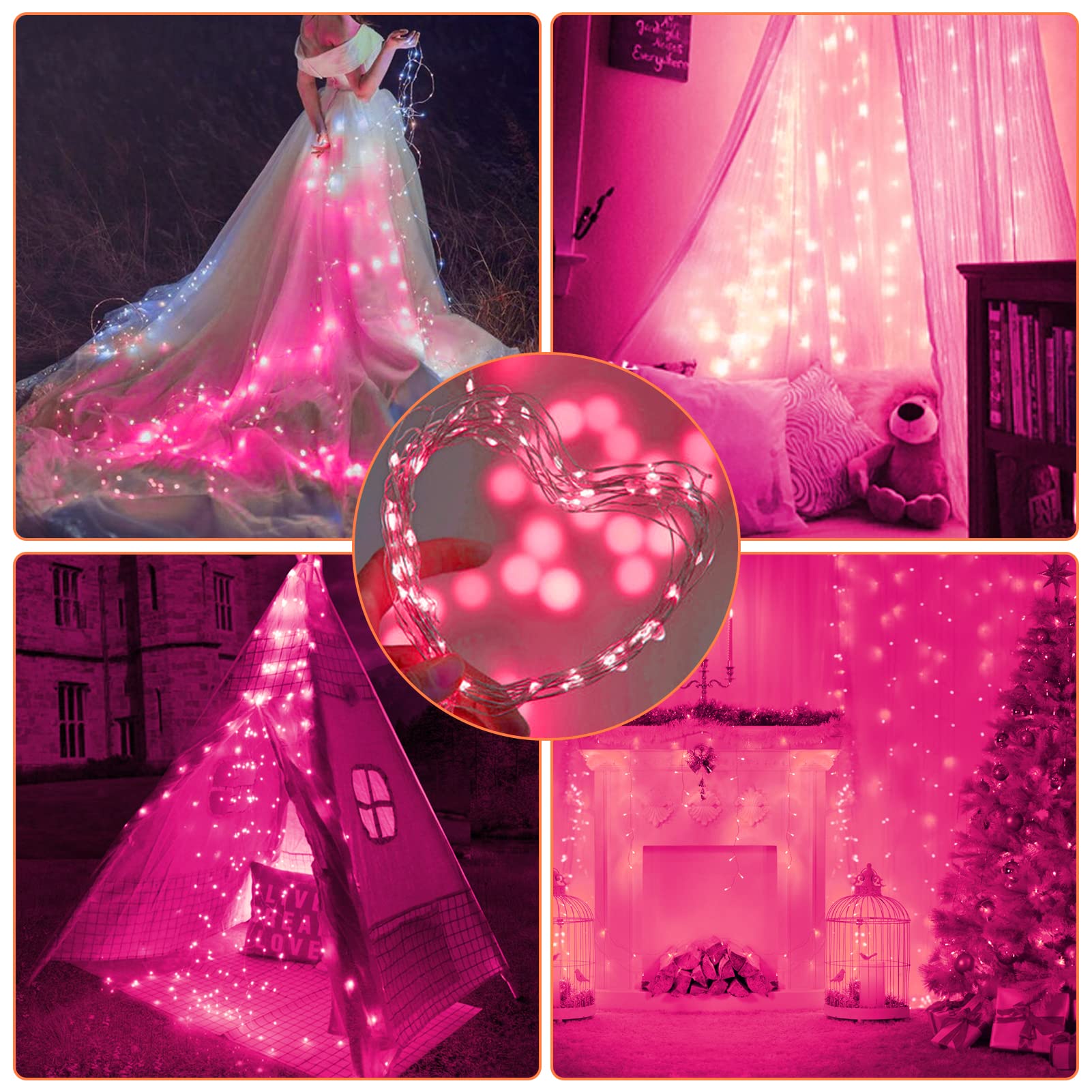 Camantu 12 Pack Fairy Lights Battery Operated, 7Ft 20Led Valentines Day Lights Battery Operated Waterproof Silver Wire For Diy Mason Jar Bedroom Party Birthday Wedding Decorations String Lights(Pink)