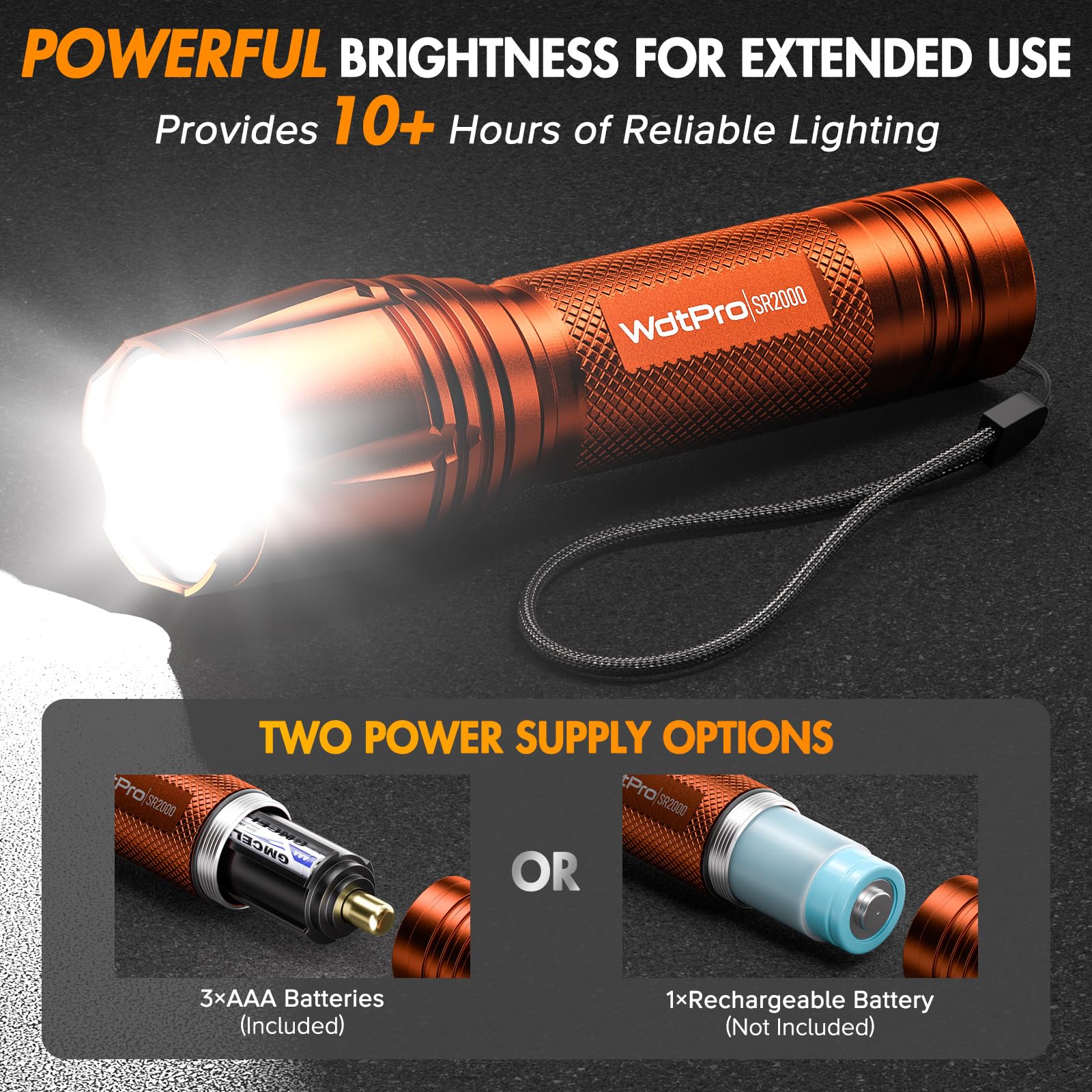 WdtPro LED Flashlight SR2000 Pro, 5 Modes & Zoomable, 2 Pack, Orange, Aluminum