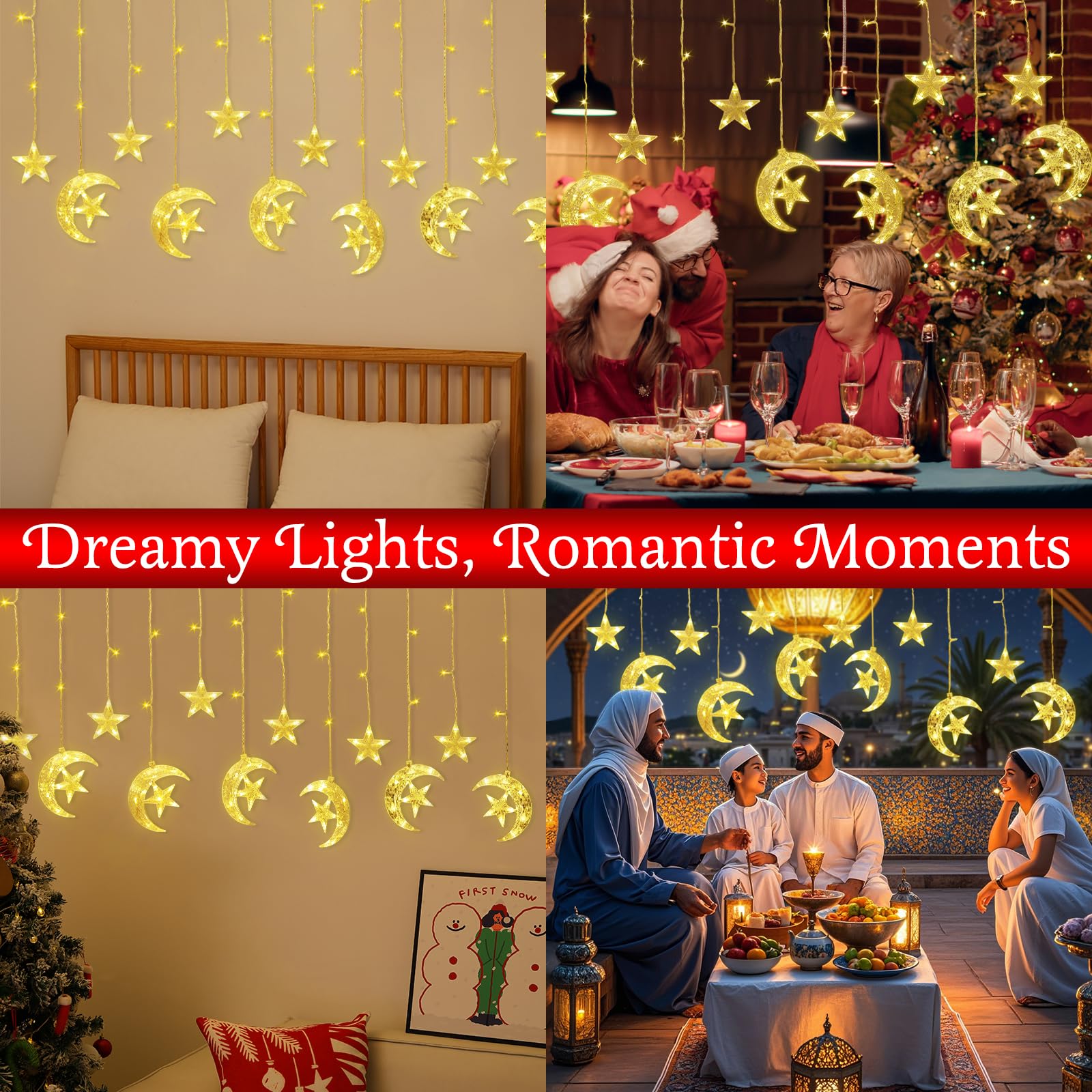 Lewondr 138 Led Star Moon String Curtain Lights,Hanging Fairy Lights With 6H Timer & 8 Modes,Usb & Remote Control Ramadan String Lights For Christmas Bedroom Wedding Party Xmas Indoor Decor,Warm Light