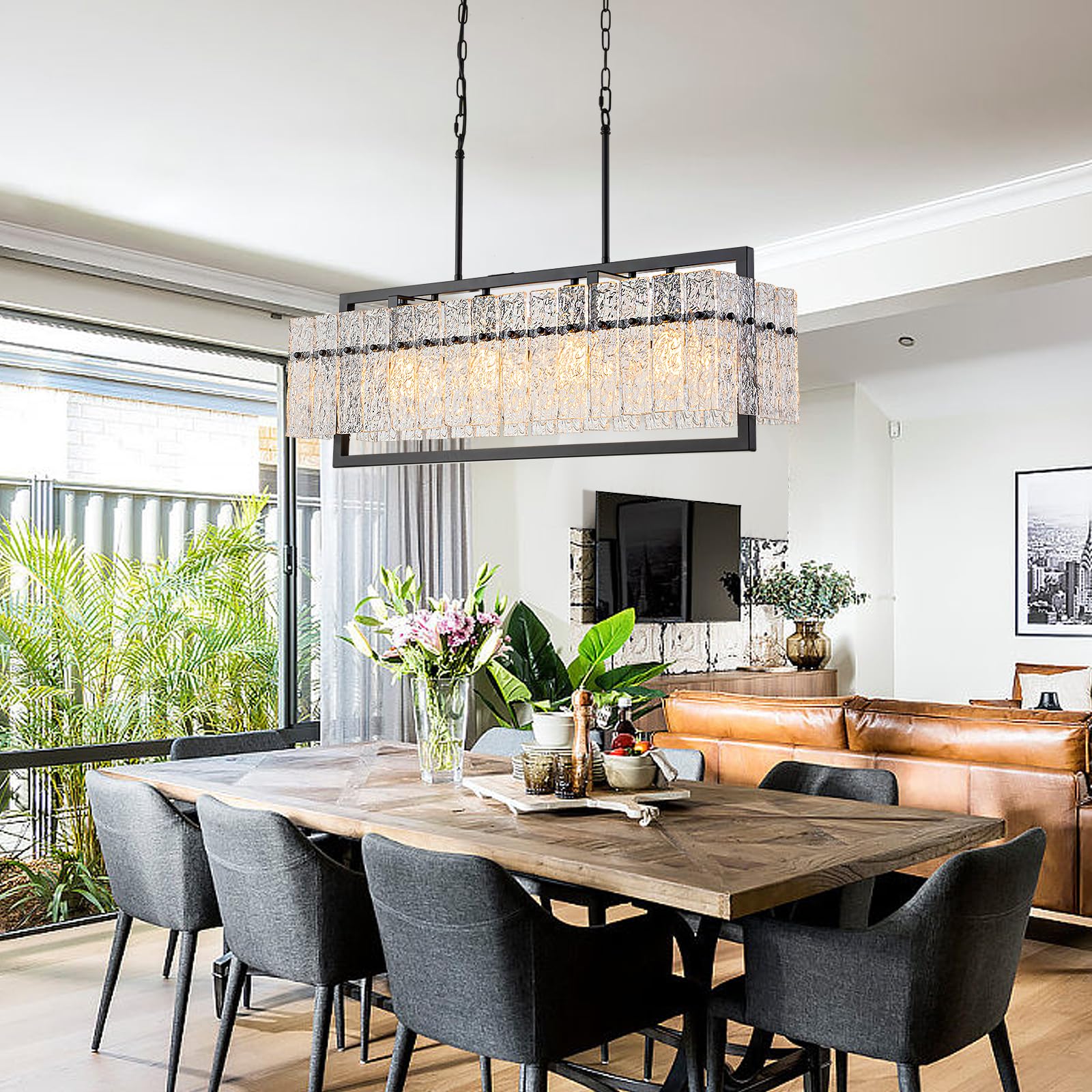 Jsdorsy Modern Large Rectangle Chandeliers For Dining Room, 4 Lights Black Crystal Kitchen Island Lighting With Water Ripple Gla