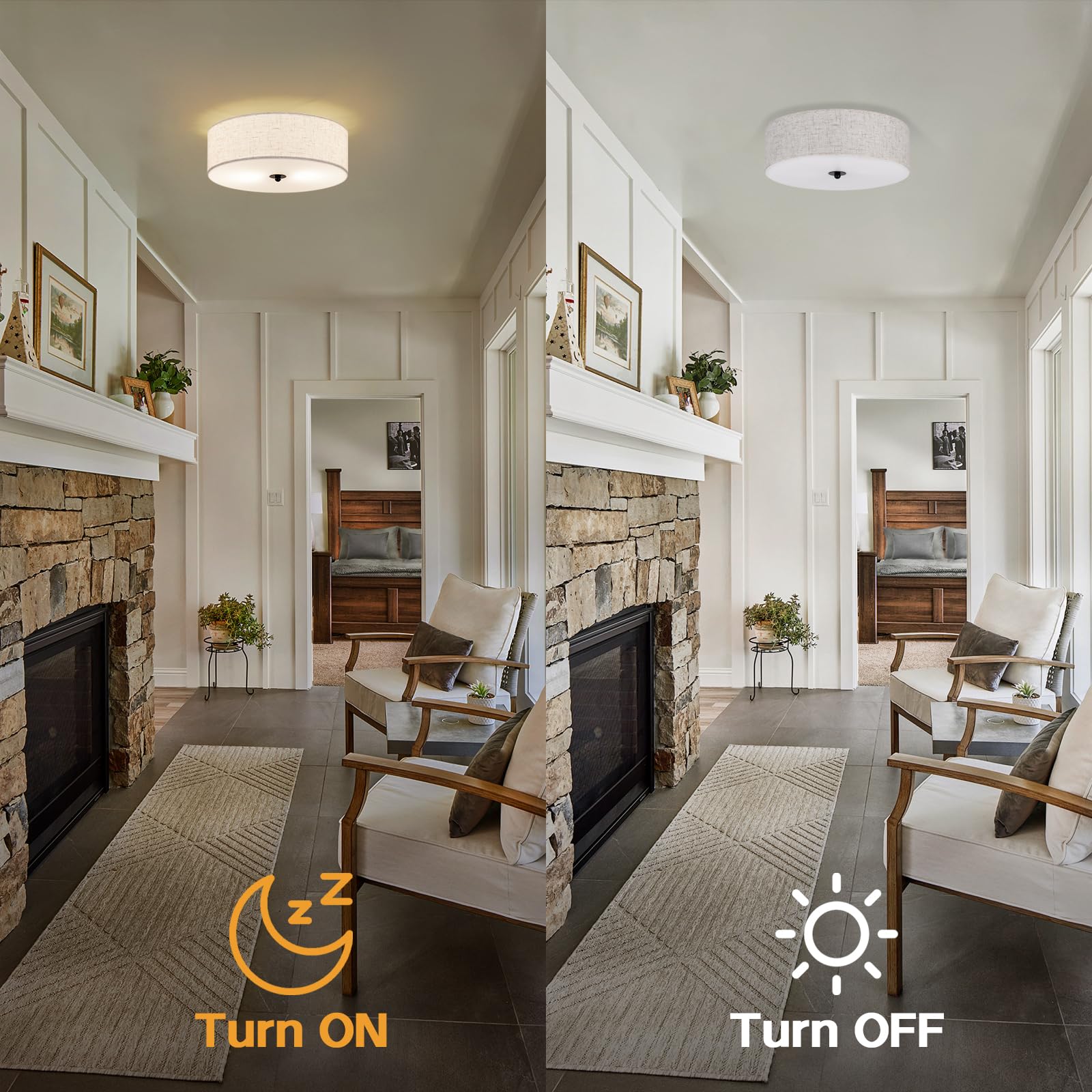 Calokes Flush Mount Ceiling Light Fixture, 13'' Close To Ceiling Light With Beige Fabric Linen Drum Shade, 2-Light Modern Round