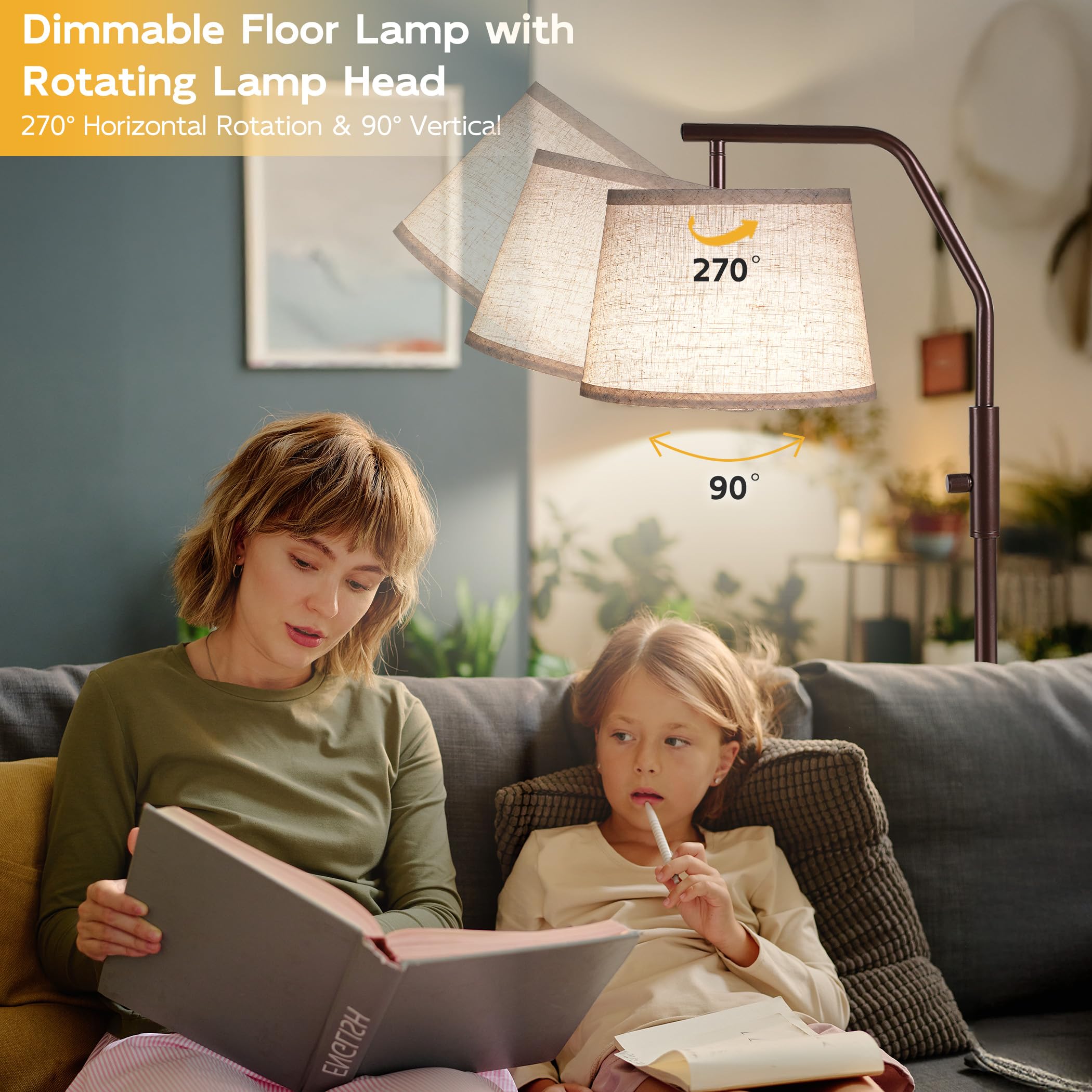 Sunmory Floor Lamps For Living Room, 9W Bulb Included, Lamp For Bedroom With Adjust Head, Standing Lamp With Rotary Switch, 0-10