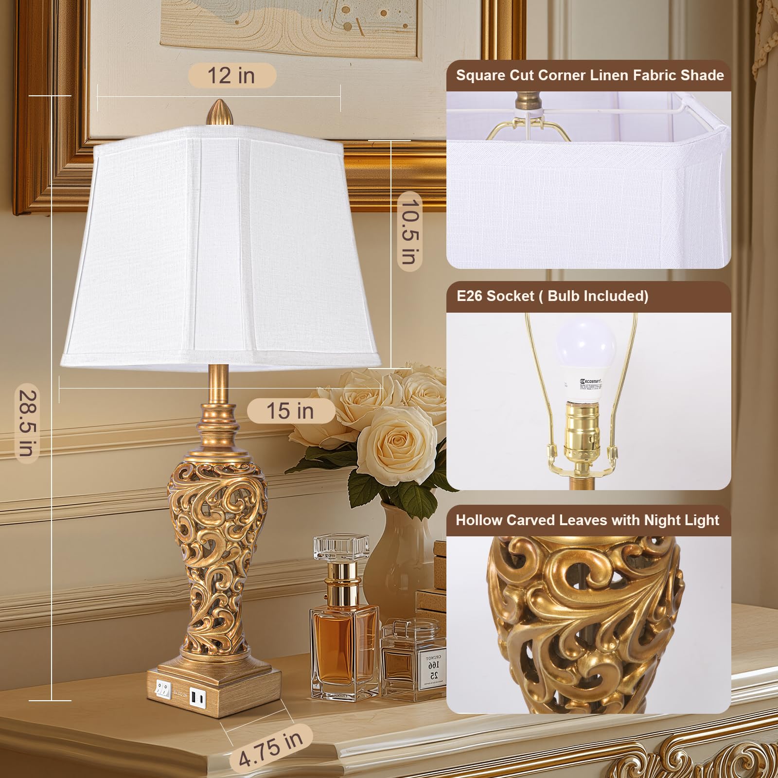 Vintage Table Lamps Set Of 2, 28.5'' Tall Antique Gold Bedside Lamps With Fabric Shades, Usb A+C Charging Ports & Night Light, F