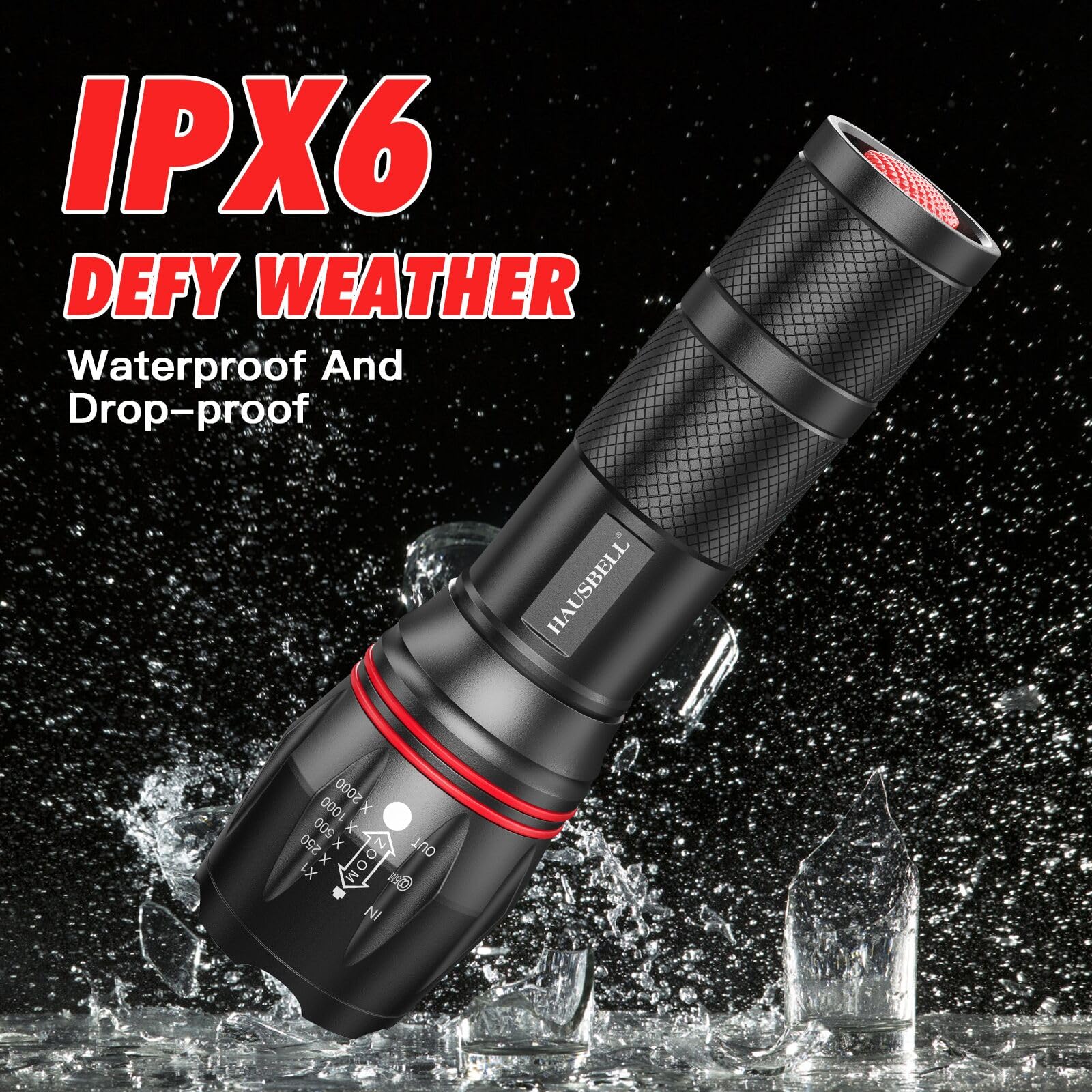 HAUSBELL A100 LED Flashlights - Waterproof, Zoomable, 5 Modes, 2 Pack, Black, Aluminum