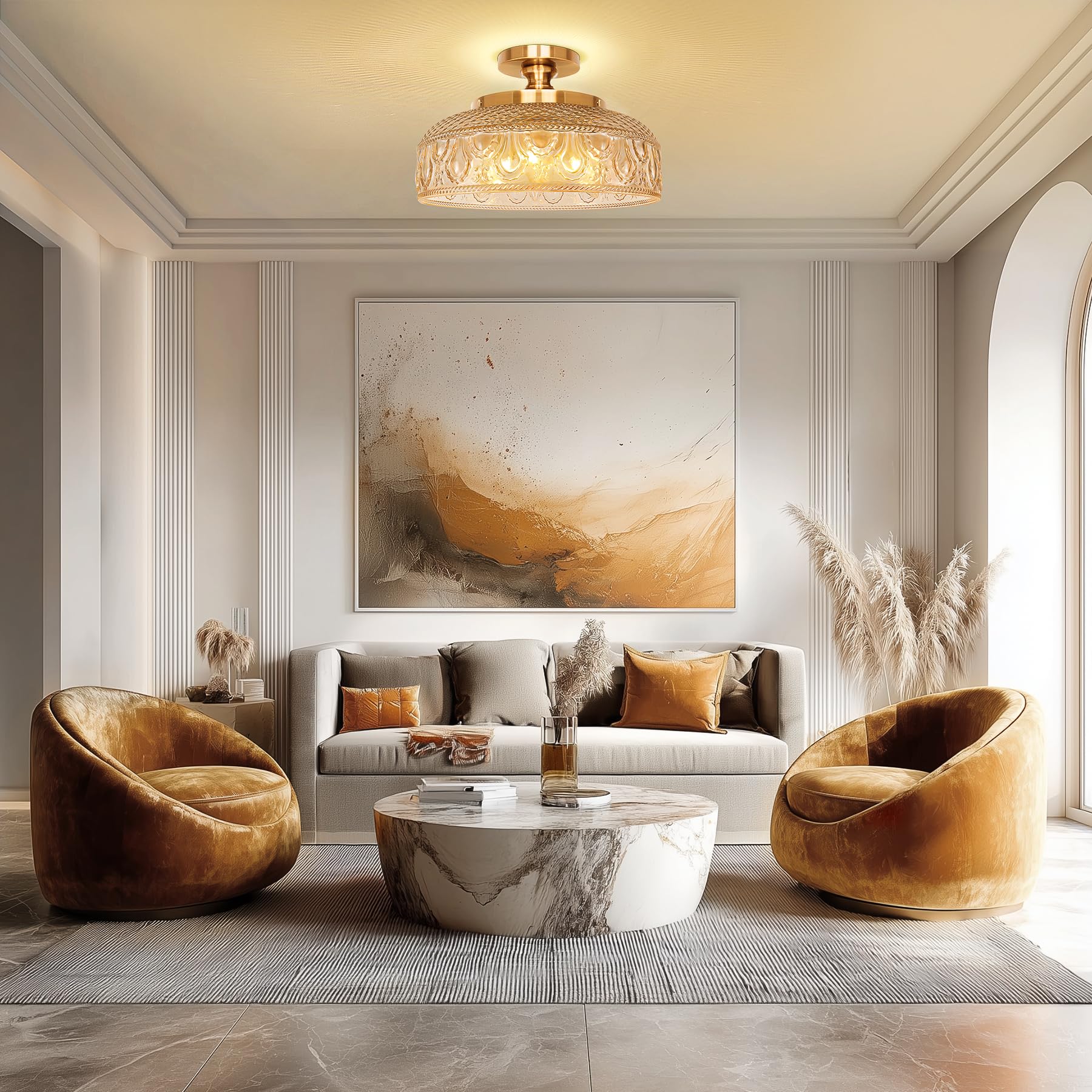 Lamomo Semi Flush Mount Ceiling Light, Upgraded Larger Hallway Light Fixture, 3-Bulb Globe Glass Close to Ceiling Scone, Amber I