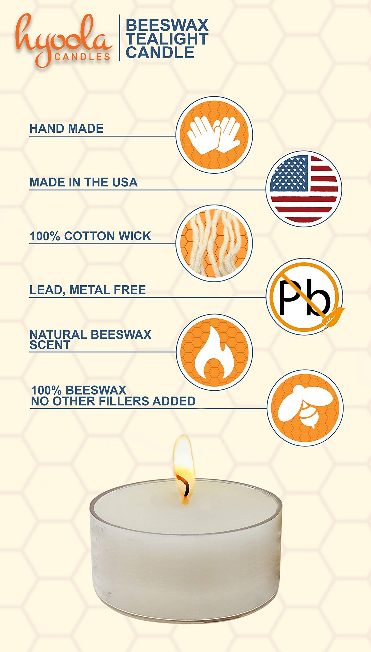 Hyoola Pure White Beeswax Tea Lights, Handmade Decorative Unscented, Tealight Candles, 4 Hour Burn Time, Clear Cup (Pack Of 48)
