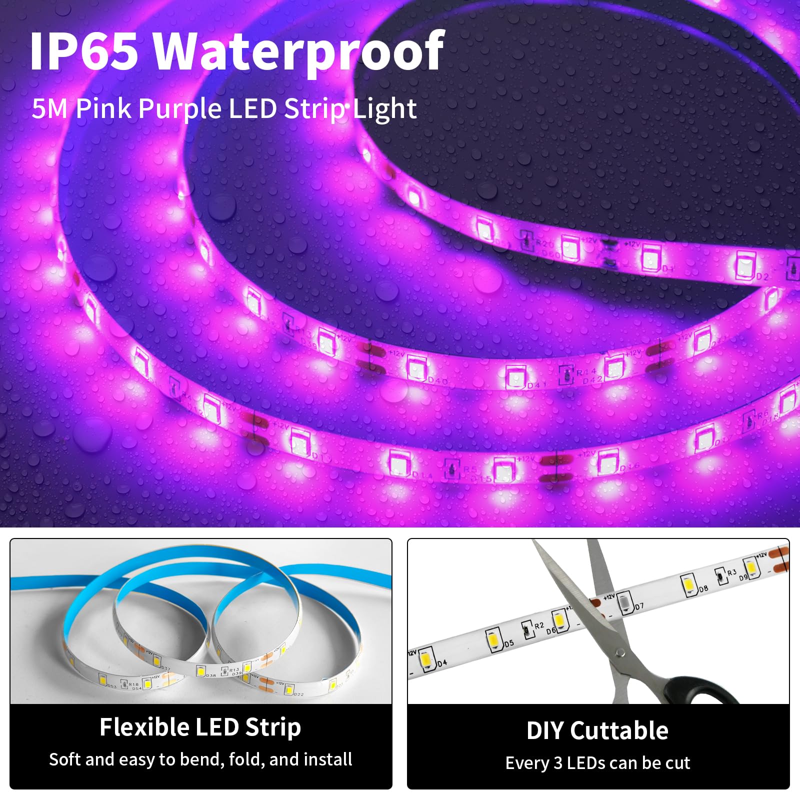 iNextStation LED Strip Lights, 16.4ft, 300 LEDs, Pink, Flexible, Cuttable, 12V, No Plug