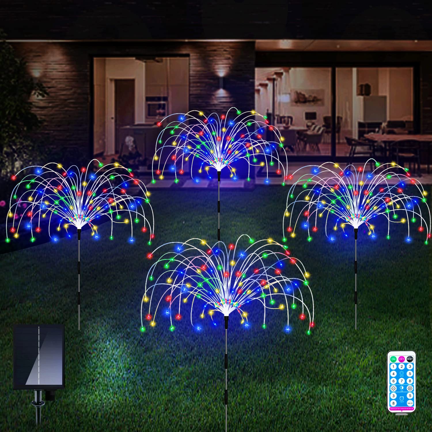 QOCNAM Outdoor Solar Garden Lights 4 Pack, Waterproof Decorative Firework Lights, 120 LED, Multicolor, Plastic