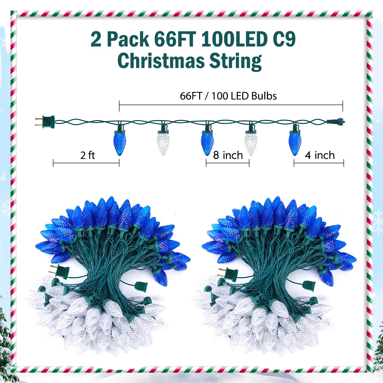 Brightown C9 LED Christmas String Lights, 132ft, 200 LEDs, Waterproof, Green Wire, Blue and White, Plug-in Connectable for Outdoor Decor