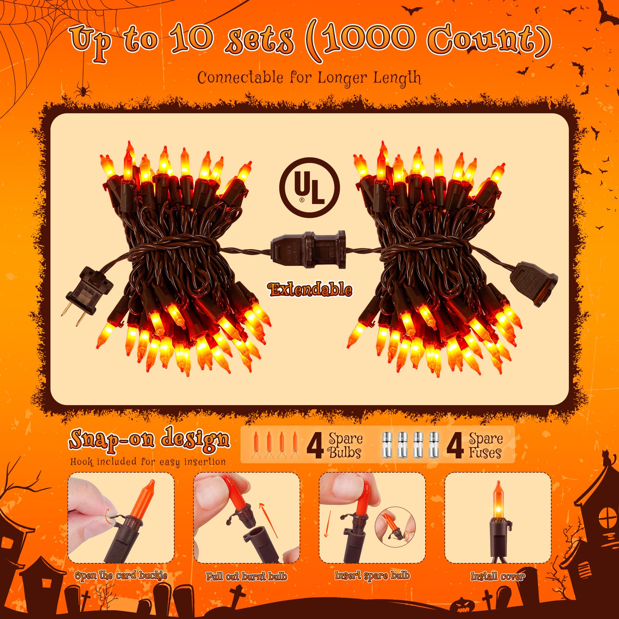 Youngar Orange Halloween Lights, Clear Christmas Lights Outdoor,13Ft 50 Ul Approved Christmas String Lights With Brown Wire,Inca