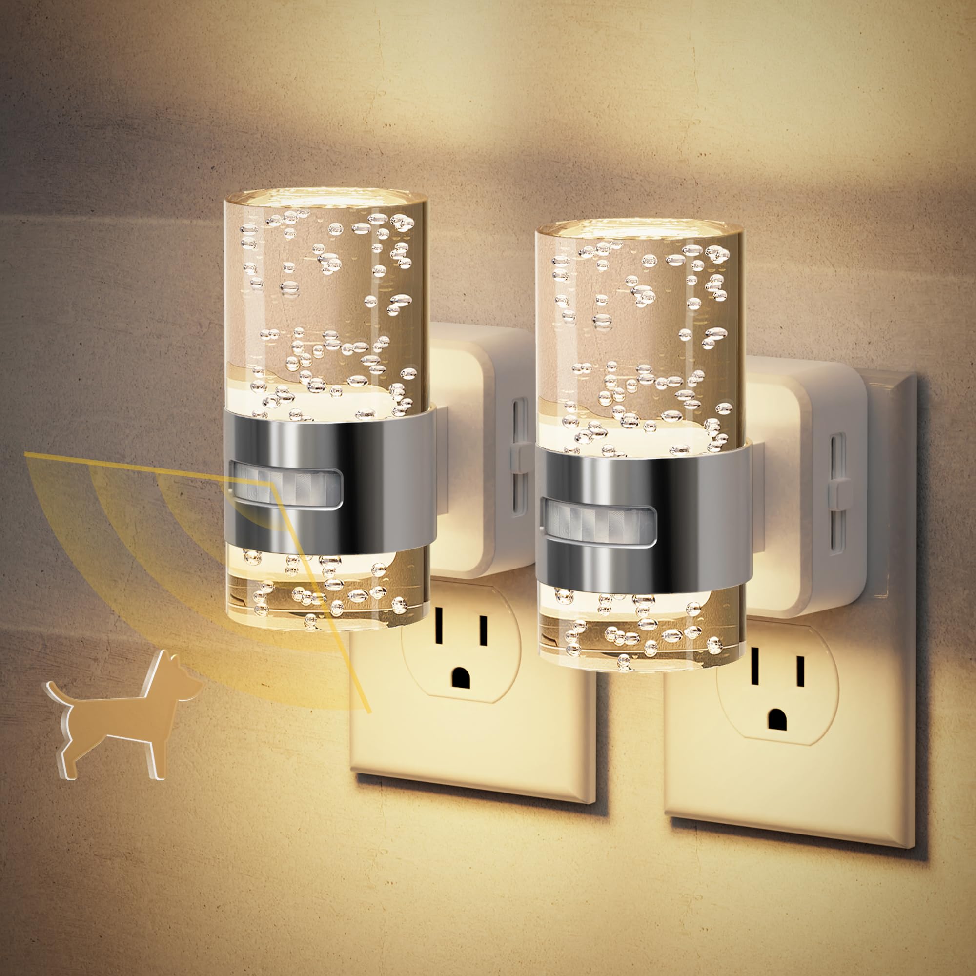 JandCase Motion Sensor Night Light, Dimmable Night Lights Plug Into Wall, 2 Pack 3000k Soft White Night-Lights With 0-100Lm Adju