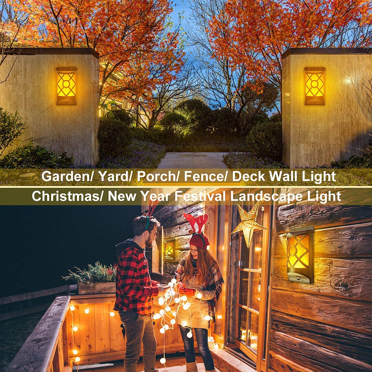 LazyBuddy Solar Flame Lights - Flickering Wall Lanterns, 66LED, 4 Pack, Black, Auto On/Off, Outdoor Decorations for Fence and Patio